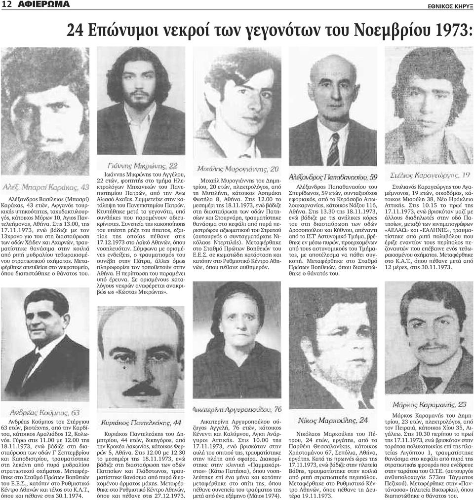 1973, ενώ βάδιζε με τον 13χρονο γιο του στη διασταύρωση των οδών Χέιδεν και Αχαρνών, τραυματίστηκε θανάσιμα στην κοιλιά από ριπή μυδραλίου τεθωρακισμένου στρατιωτικού οχήματος.