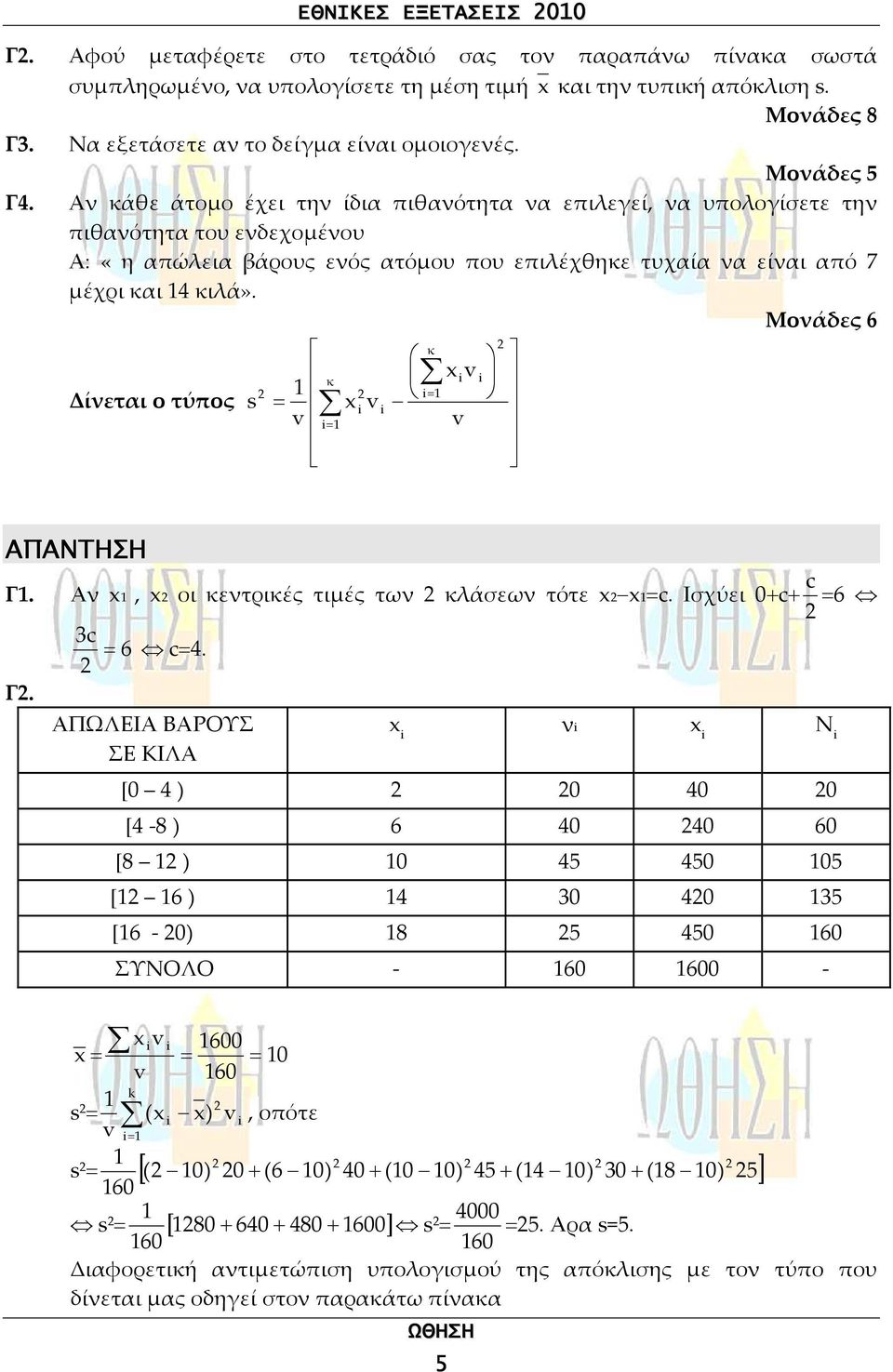 Μοάδες 6 Δίεται ο τύπος s = v v κ i i= ivi i= v κ i ΑΠΑΝΤΗΣΗ Γ. Α, οι κετρικές τιμές τω κλάσεω τότε =c. Ισχύει 0+c+ c =6 Γ. 3 c = 6 c=4.