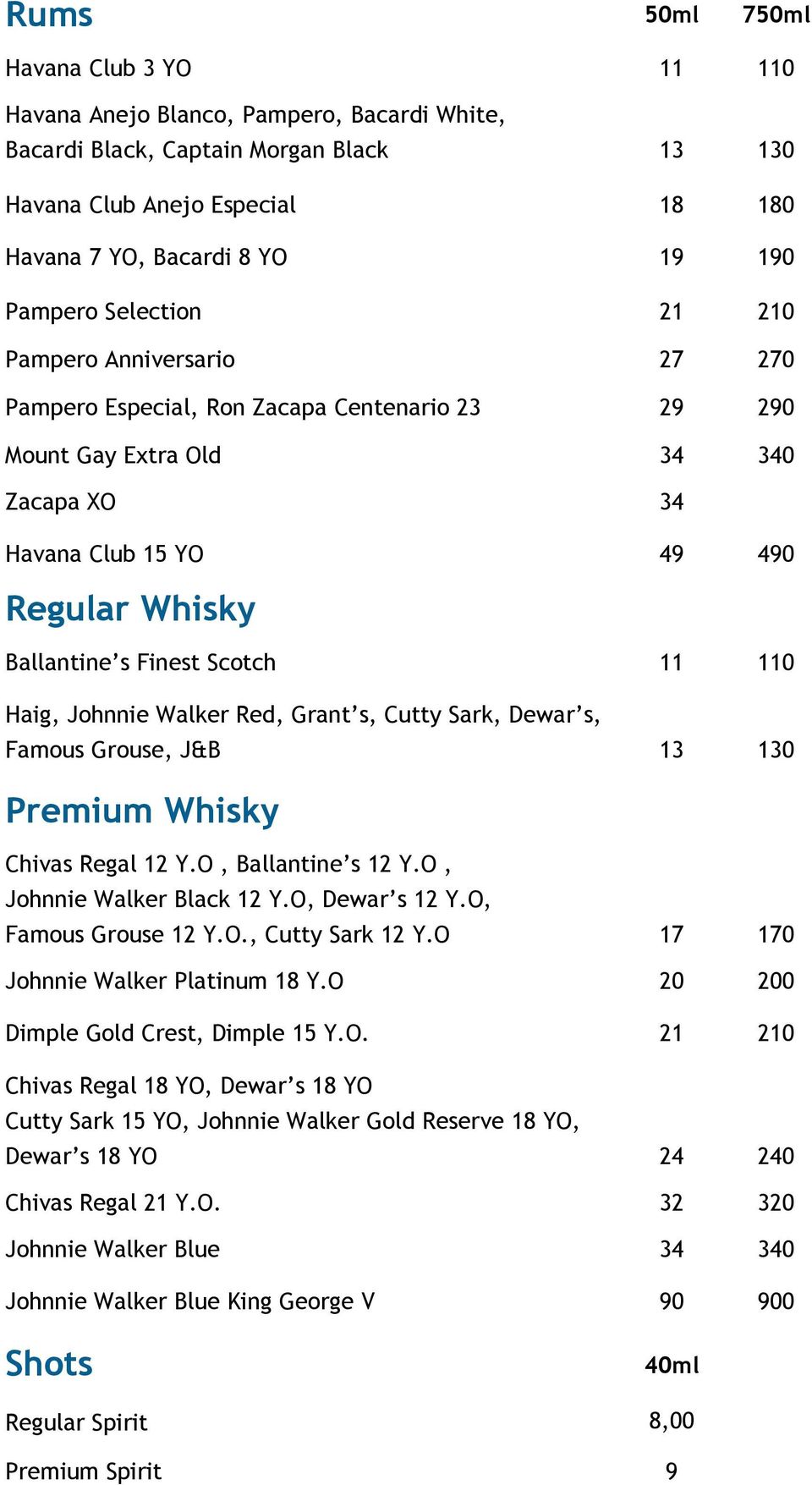 Finest Scotch 11 110 Haig, Johnnie Walker Red, Grant s, Cutty Sark, Dewar s, Famous Grouse, J&B 13 130 Premium Whisky Chivas Regal 12 Y.O, Ballantine s 12 Y.O, Johnnie Walker Black 12 Y.