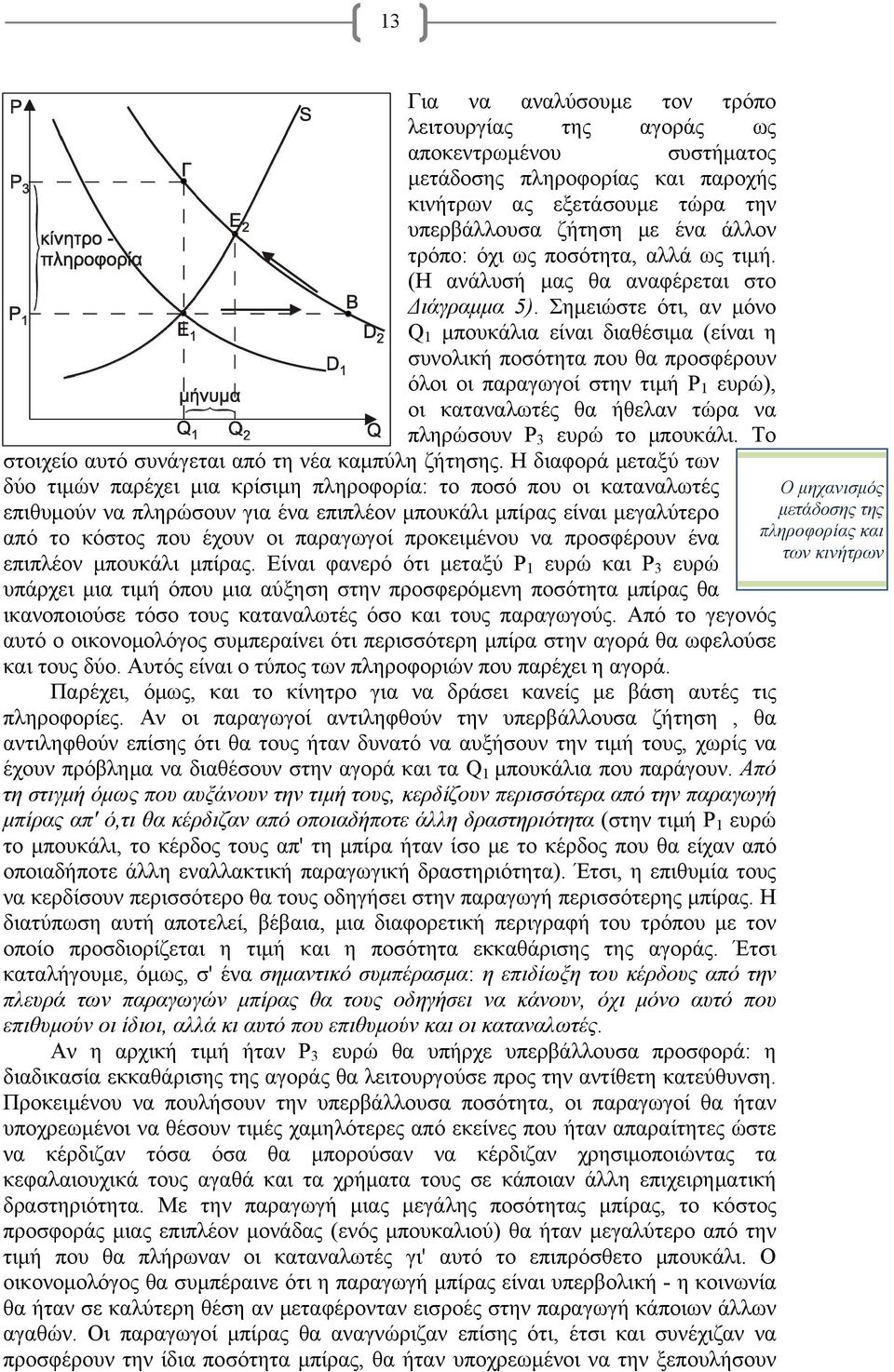 Σημειώστε ότι, αν μόνο Q 1 μπουκάλια είναι διαθέσιμα (είναι η συνολική ποσότητα που θα προσφέρουν όλοι οι παραγωγοί στην τιμή P 1 ευρώ), οι καταναλωτές θα ήθελαν τώρα να πληρώσουν P 3 ευρώ το