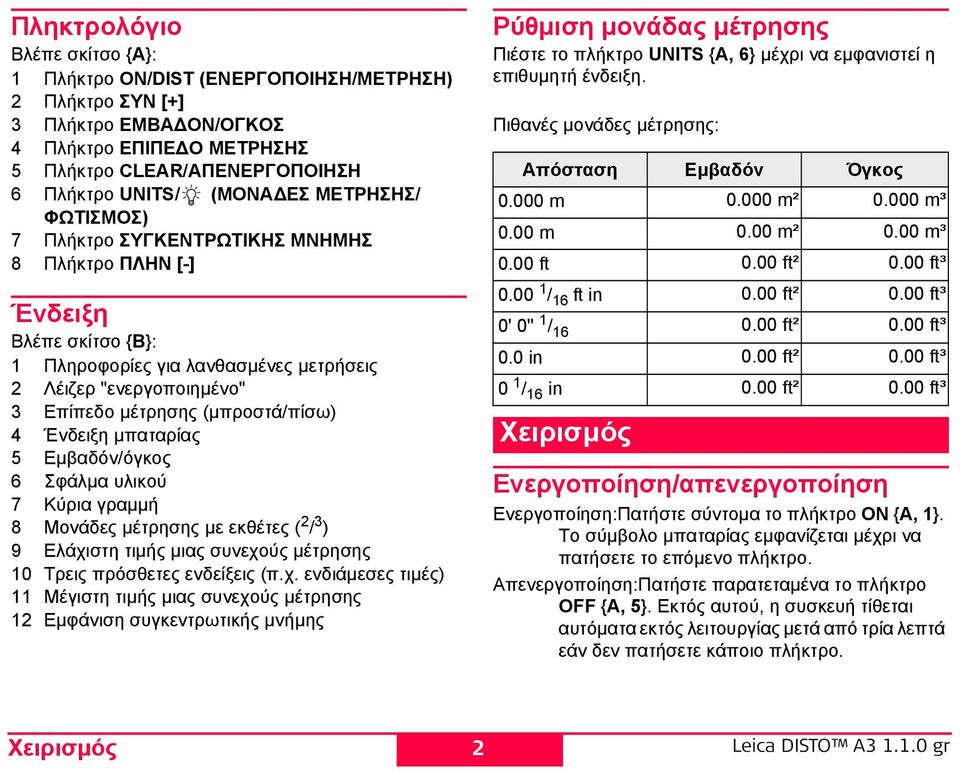 4 Ένδειξη µπαταρίας 5 Εµβαδόν/όγκος 6 Σφάλµα υλικού 7 Κύρια γραµµή 8 Μονάδες µέτρησης µε εκθέτες ( 2 / 3 ) 9 Ελάχι