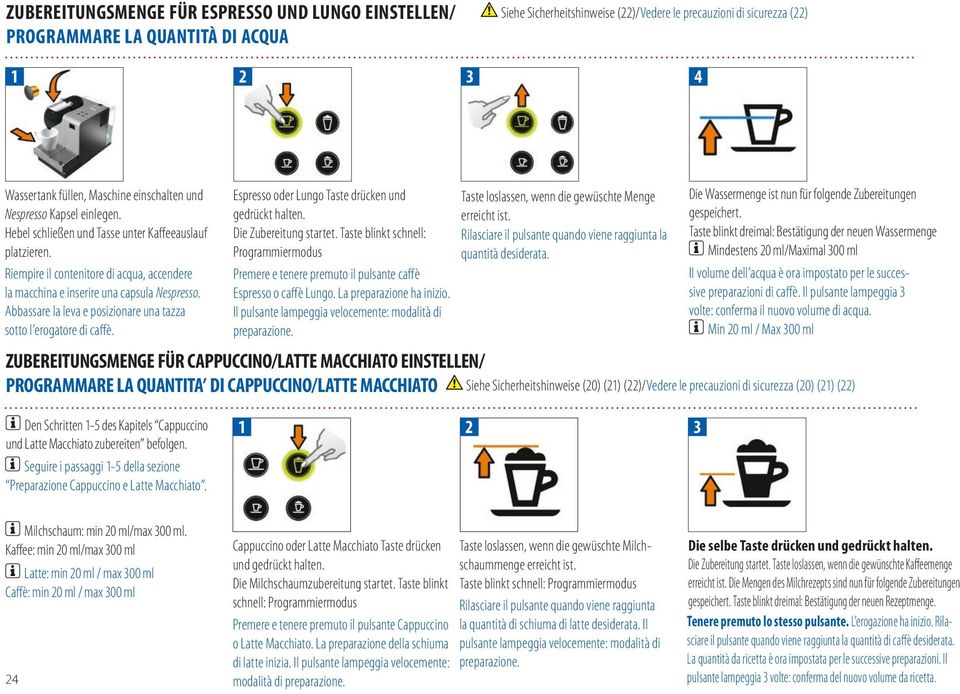 Abbassare la leva e posizionare una tazza sotto l erogatore di caffè. Espresso oder Lungo Taste drücken und gedrückt halten. Die Zubereitung startet.