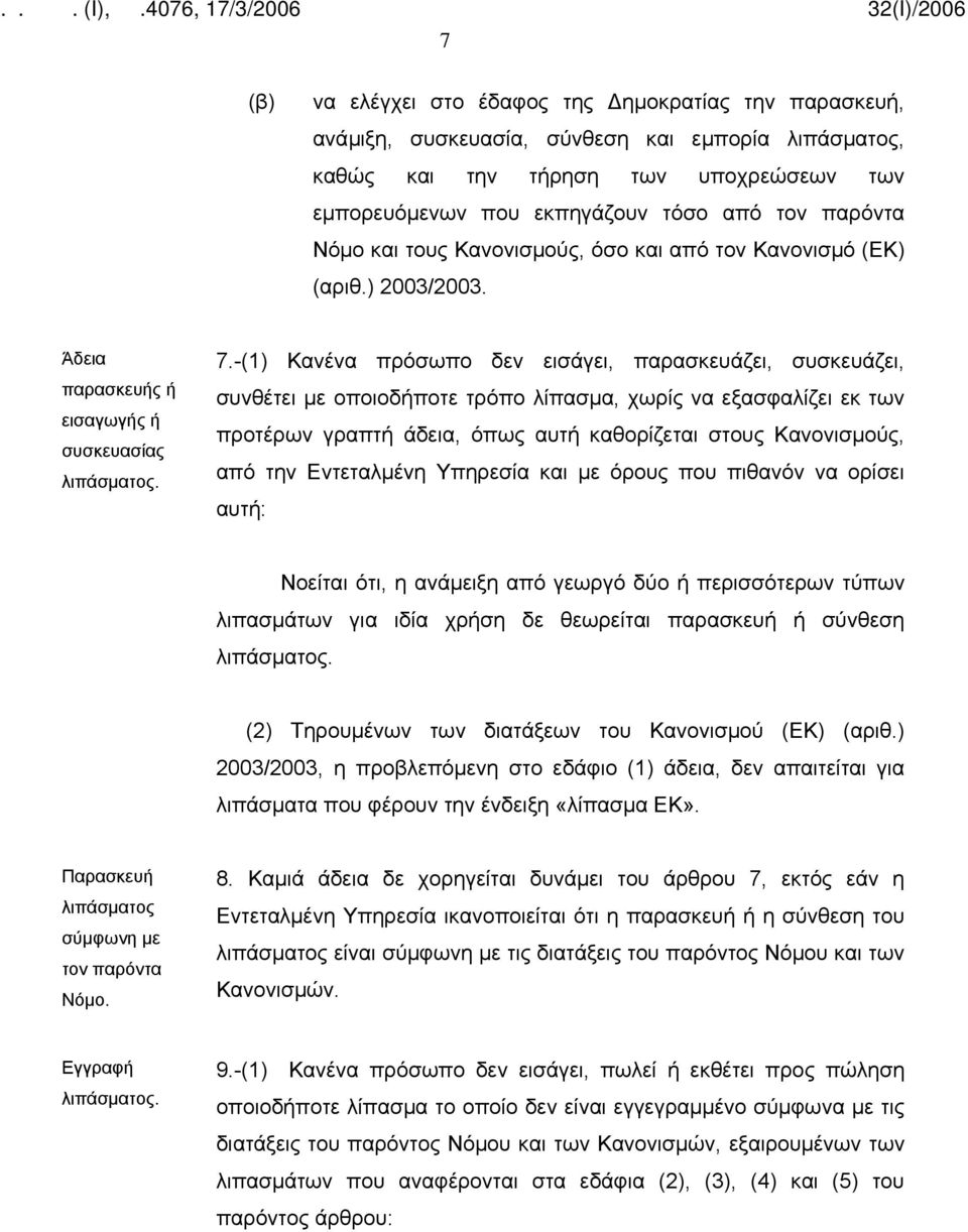 -(1) Κανένα πρόσωπο δεν εισάγει, παρασκευάζει, συσκευάζει, συνθέτει με οποιοδήποτε τρόπο λίπασμα, χωρίς να εξασφαλίζει εκ των προτέρων γραπτή άδεια, όπως αυτή καθορίζεται στους Κανονισμούς, από την