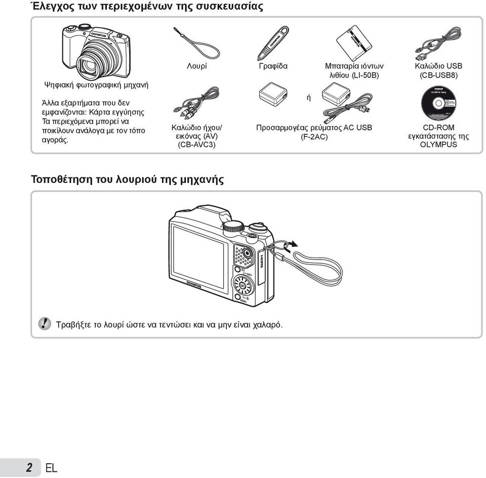 Λουρί Γραφίδα Μπαταρία ιόντων λιθίου (LI-50B) Καλώδιο ήχου/ εικόνας (AV) (CB-AVC3) ή Προσαρμογέας ρεύματος AC USB