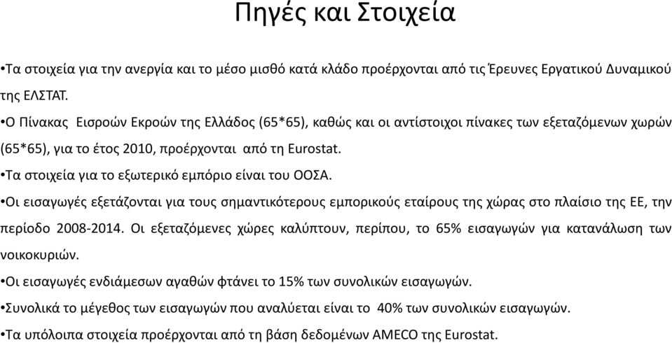 Τα στοιχεία για το εξωτερικό εμπόριο είναι του ΟΟΣΑ. Οι εισαγωγές εξετάζονται για τους σημαντικότερους εμπορικούς εταίρους της χώρας στο πλαίσιο της ΕΕ, την περίοδο 2008-2014.