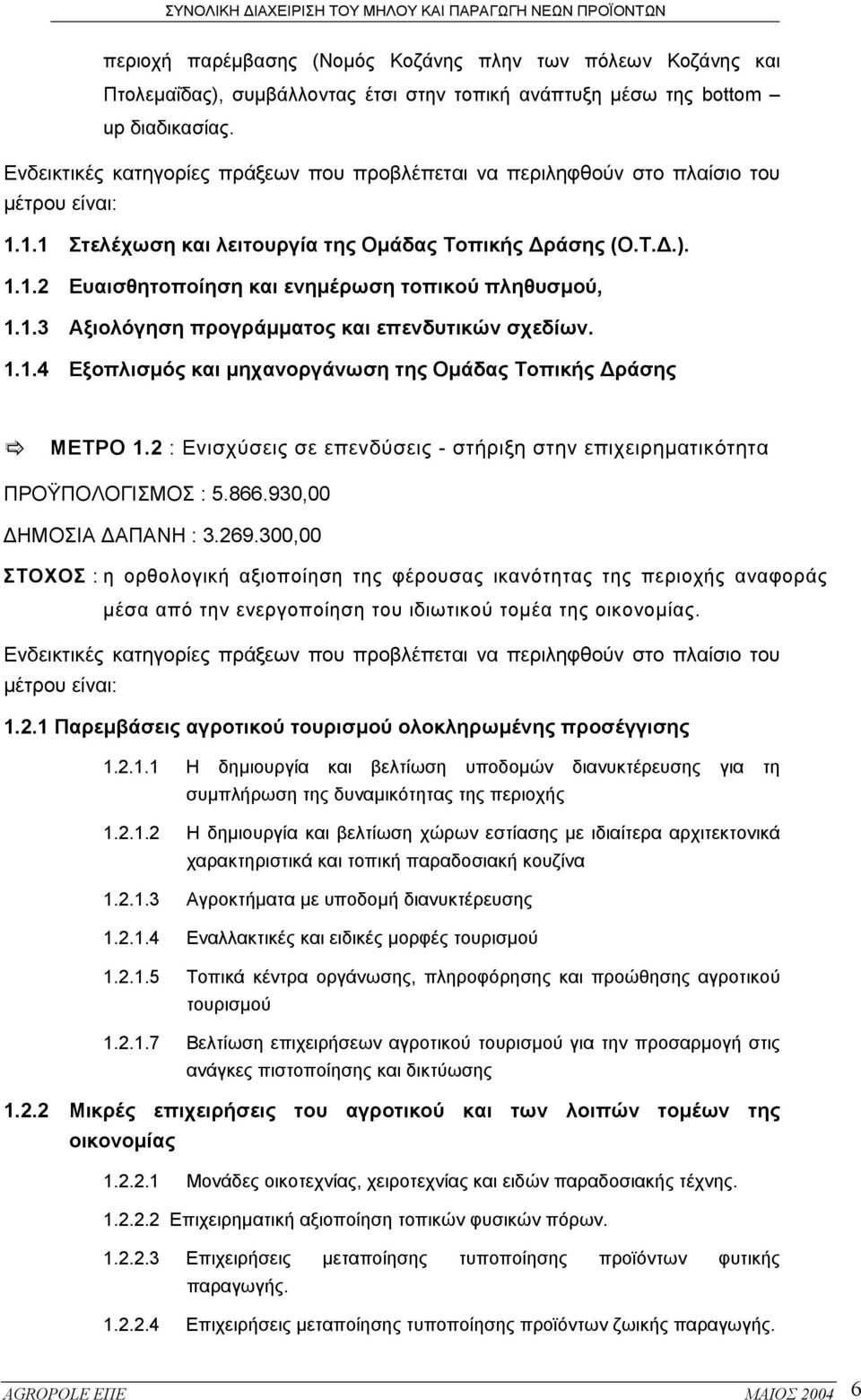 1.3 Αξιολόγηση προγράµµατος και επενδυτικών σχεδίων. 1.1.4 Εξοπλισµός και µηχανοργάνωση της Οµάδας Τοπικής ράσης ΜΕΤΡΟ 1.