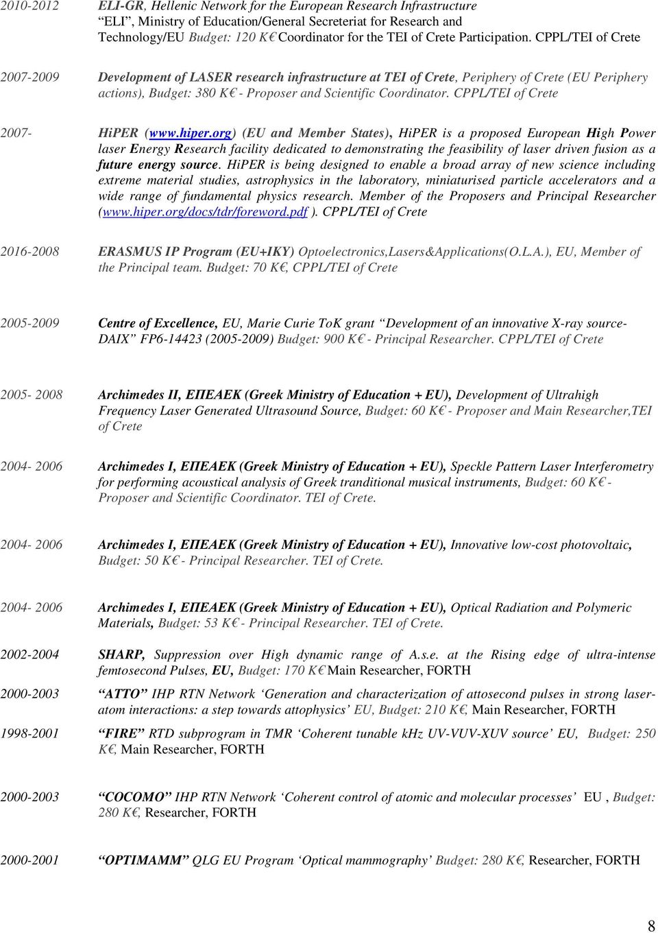 CPPL/TEI of Crete 2007-2009 Development of LASER research infrastructure at TEI of Crete, Periphery of Crete (EU Periphery actions), Budget: 380 K - Proposer and Scientific Coordinator.