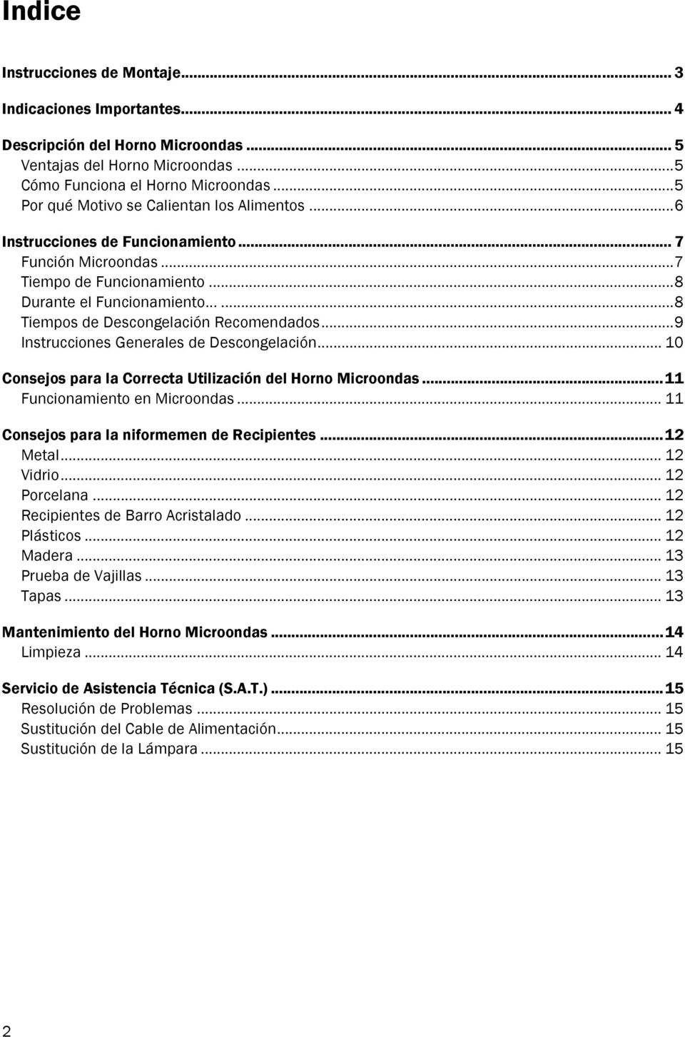 .....8 Tiempos de Descongelación Recomendados...9 Instrucciones Generales de Descongelación... 10 Consejos para la Correcta Utilización del Horno Microondas...11 Funcionamiento en Microondas.