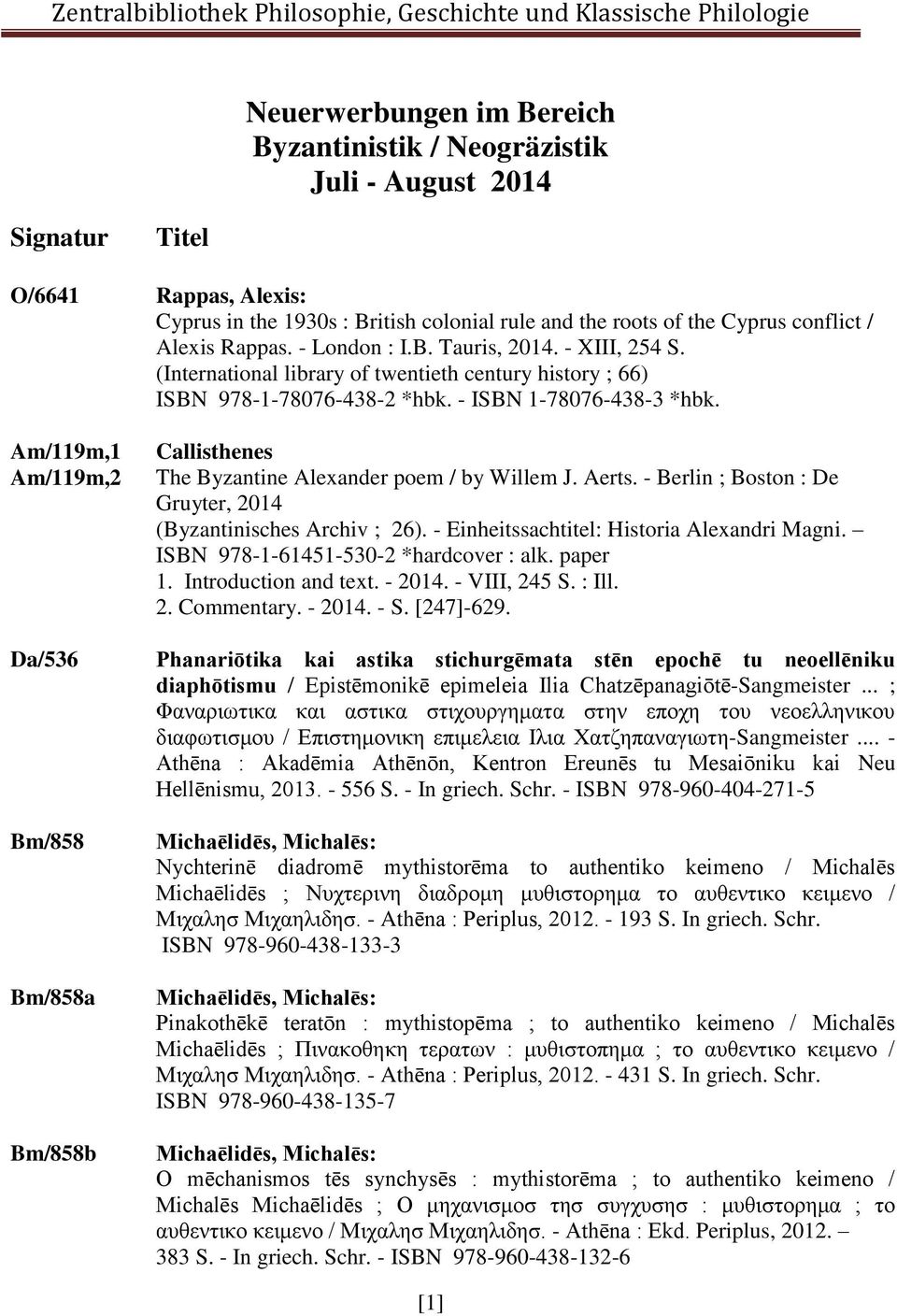 Am/119m,1 Am/119m,2 Da/536 Bm/858 Bm/858a Bm/858b Callisthenes The Byzantine Alexander poem / by Willem J. Aerts. - Berlin ; Boston : De Gruyter, 2014 (Byzantinisches Archiv ; 26).