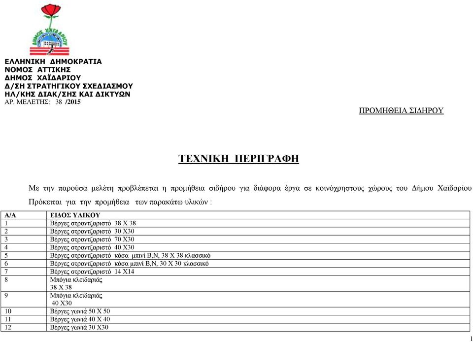 την προμήθεια των παρακάτω υλικών : Α/Α ΕΙΔΟΣ ΥΛΙΚΟΥ 1 Βέργες στραντζαριστό 38 Χ 38 2 Βέργες στραντζαριστό 30 Χ30 3 Βέργες στραντζαριστό 70 Χ30 4 Βέργες στραντζαριστό 40 Χ30 5 Βέργες