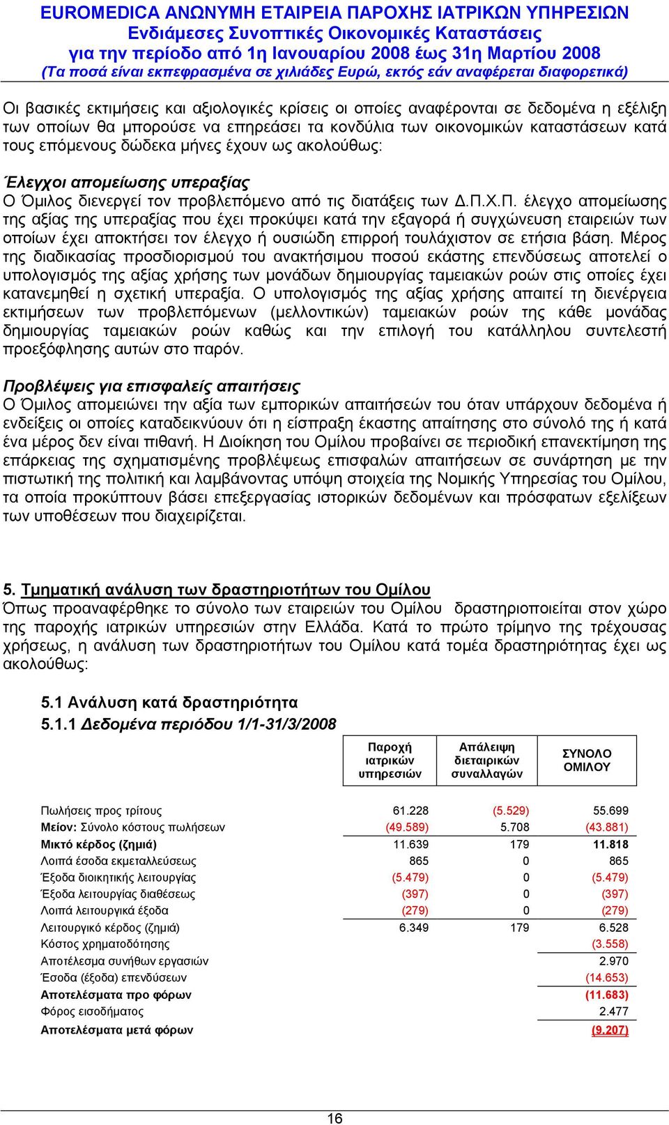 µείωσης υπεραξίας Ο Όµιλος διενεργεί τον προβλεπόµενο από τις διατάξεις των.π.χ.π. έλεγχο αποµείωσης της αξίας της υπεραξίας που έχει προκύψει κατά την εξαγορά ή συγχώνευση εταιρειών των οποίων έχει αποκτήσει τον έλεγχο ή ουσιώδη επιρροή τουλάχιστον σε ετήσια βάση.