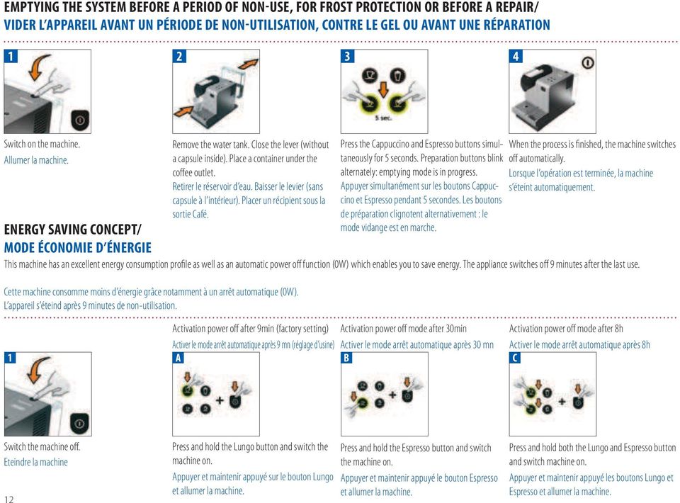 Retirer le réservoir d eau. Baisser le levier (sans capsule à l intérieur). Placer un récipient sous la sortie Café. Cette machine consomme moins d énergie grâce notamment à un arrêt automatique (0W).