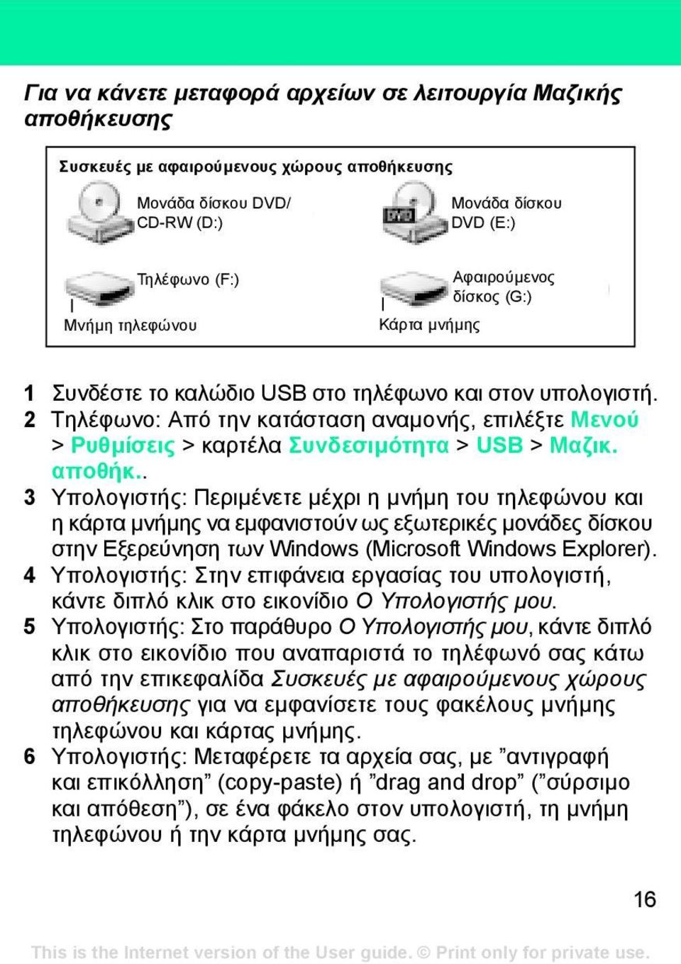 αποθήκ.. 3 Υπολογιστής: Περιµένετε µέχρι η µνήµη του τηλεφώνου και η κάρτα µνήµης να εµφανιστούν ως εξωτερικές µονάδες δίσκου στην Εξερεύνηση των Windows (Microsoft Windows Explorer).