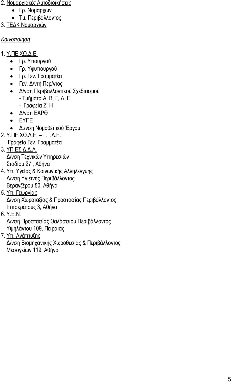 ..Α. /νση Τεχνικών Υπηρεσιών Σταδίου 27, Αθήνα 4. Υπ. Υγείας & Κοινωνικής Αλληλεγγύης /νση Υγιεινής Περιβάλλοντος Βερανζέρου 50, Αθήνα 5. Υπ. Γεωργίας /νση Χωροταξίας & Προστασίας Περιβάλλοντος Ιπποκράτους 3, Αθήνα 6.
