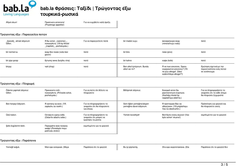 şarap бутылку вина (butylku vina) ποτό bir kahve кофе (kofe) ποτό birçay чай (chay) ποτό Ben alkol içmiyorum. Bunda alkol var mı? Я не пью алкоголь. Здесь содержится алкоголь? (YA ne p'yu alkogol'.