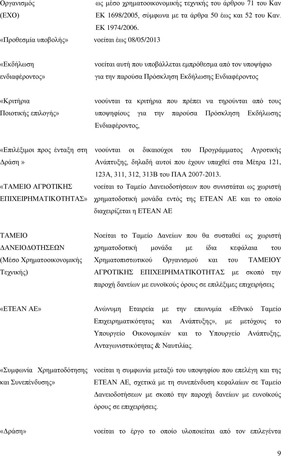 επιλογής» νοούνται τα κριτήρια που πρέπει να τηρούνται από τους υποψηφίους για την παρούσα Πρόσκληση Εκδήλωσης Ενδιαφέροντος, «Επιλέξιμοι προς ένταξη στη Δράση» «ΤΑΜΕΙΟ ΑΓΡΟΤΙΚΗΣ ΕΠΙΧΕΙΡΗΜΑΤΙΚΟΤΗΤΑΣ»