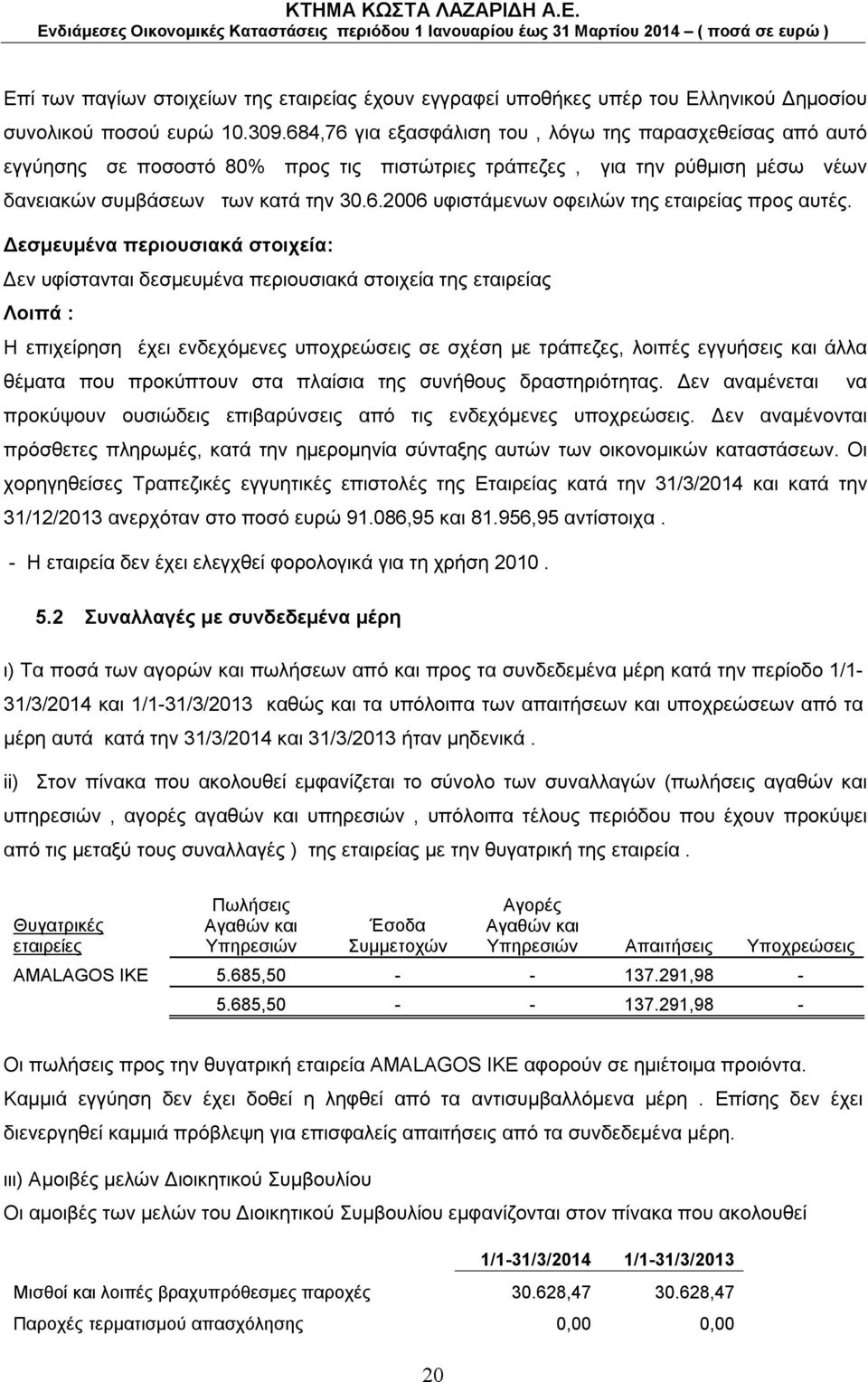 Δεσμευμένα περιουσιακά στοιχεία: Δεν υφίστανται δεσμευμένα περιουσιακά στοιχεία της εταιρείας Λοιπά : Η επιχείρηση έχει ενδεχόμενες υποχρεώσεις σε σχέση με τράπεζες, λοιπές εγγυήσεις και άλλα θέματα