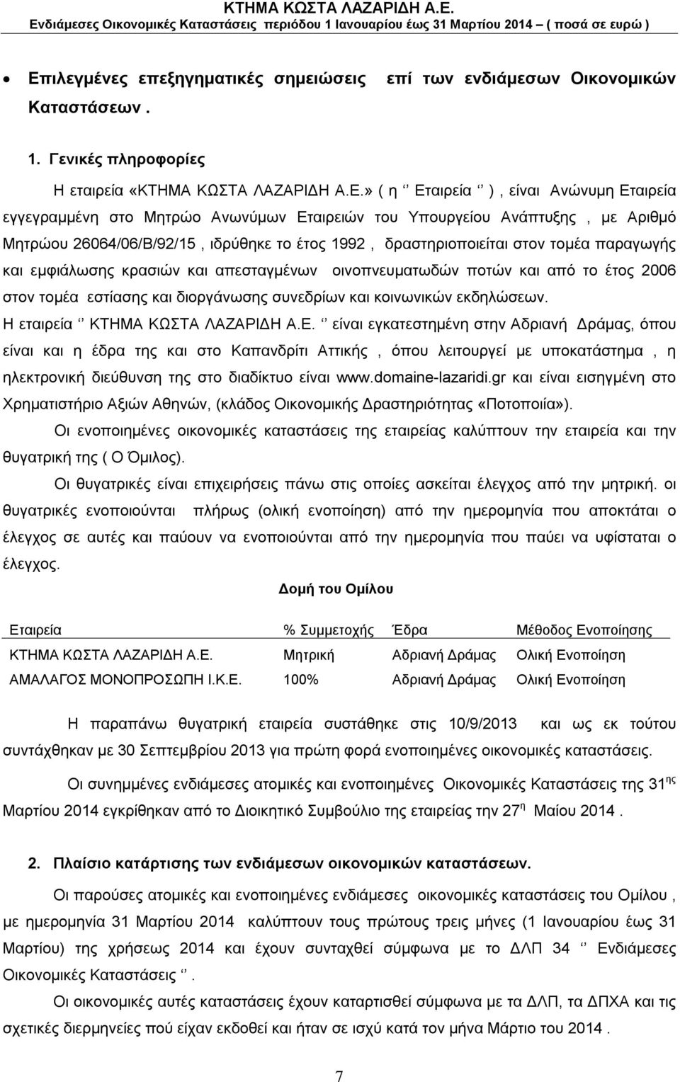 οινοπνευματωδών ποτών και από το έτος 2006 στον τομέα εστίασης και διοργάνωσης συνεδρίων και κοινωνικών εκδηλώσεων. Η εταιρεία ΚΤΗΜΑ ΚΩΣΤΑ ΛΑΖΑΡΙΔΗ Α.Ε.