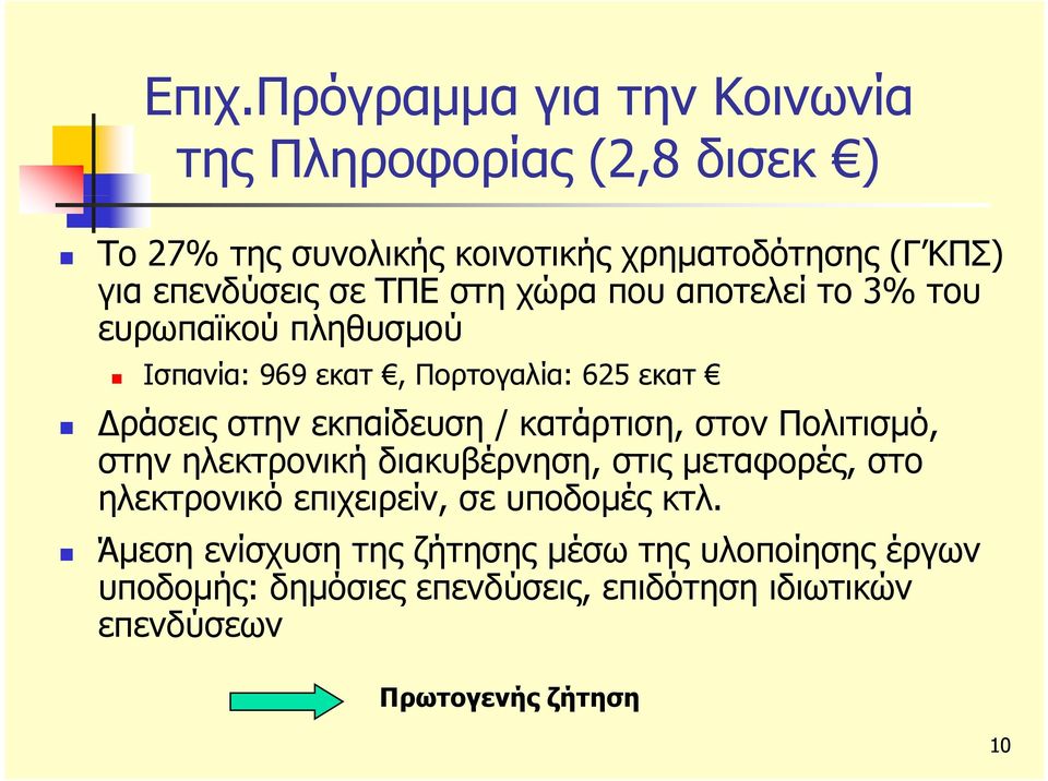 εκπαίδευση / κατάρτιση, στον Πολιτισμό, στην ηλεκτρονική διακυβέρνηση, στις μεταφορές, στο ηλεκτρονικό επιχειρείν, σε υποδομές