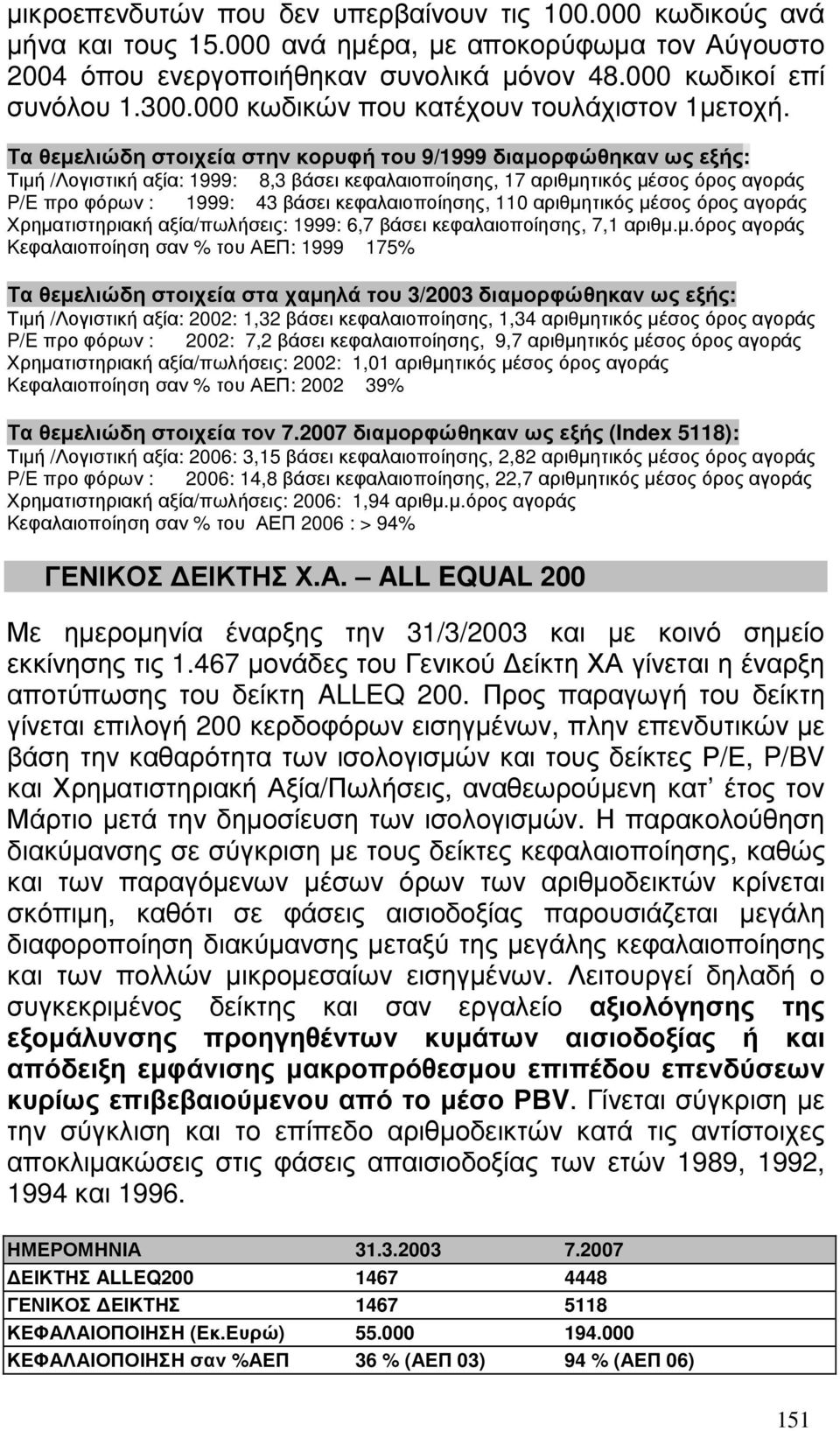 Τα θεµελιώδη στοιχεία στην κορυφή του 9/1999 διαµορφώθηκαν ως εξής: Τιµή /Λογιστική αξία: 1999: 8,3 βάσει κεφαλαιοποίησης, 17 αριθµητικός µέσος όρος αγοράς P/E προ φόρων : 1999: 43 βάσει