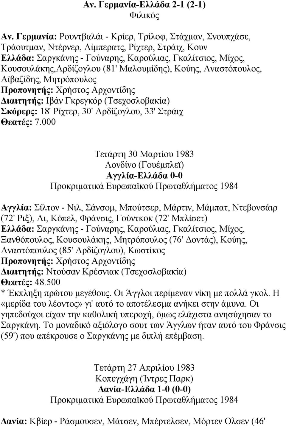 Μαλουµίδης), Κούης, Αναστόπουλος, Αϊβαζίδης, Μητρόπουλος ιαιτητής: Ιβάν Γκρεγκόρ (Τσεχοσλοβακία) Σκόρερς: 18' Ρίχτερ, 30' Αρδίζογλου, 33' Στράιχ Θεατές: 7.