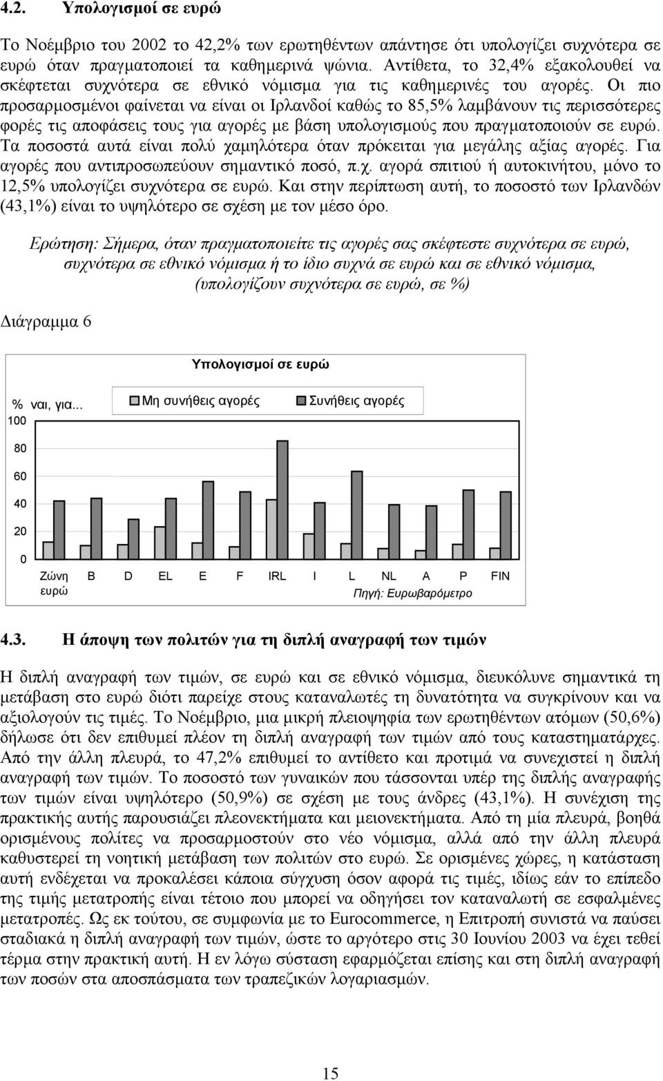 Οι πιο προσαρµοσµένοι φαίνεται να είναι οι Ιρλανδοί καθώς το 85,5% λαµβάνουν τις περισσότερες φορές τις αποφάσεις τους για αγορές µε βάση υπολογισµούς που πραγµατοποιούν σε ευρώ.