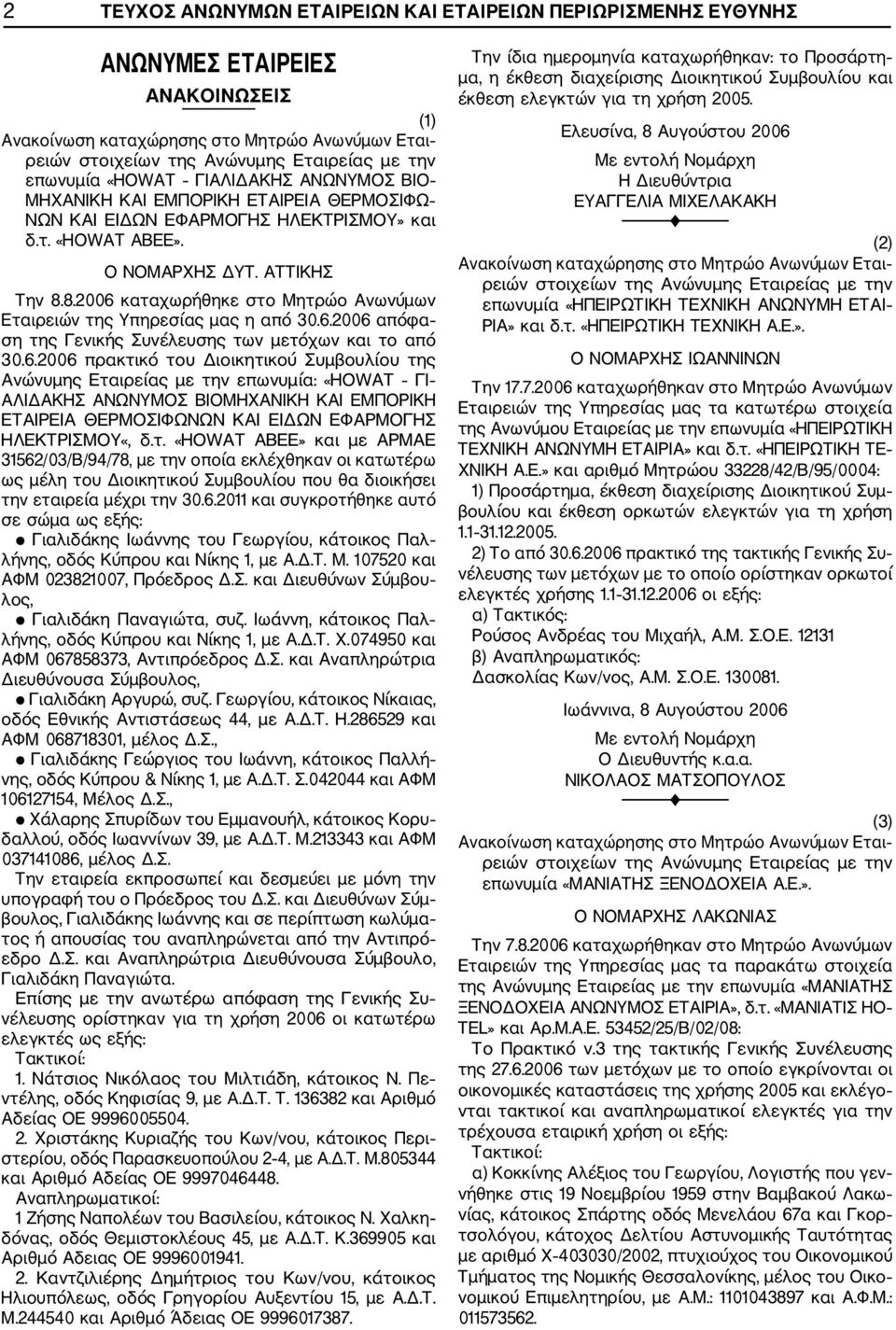 6.2006 πρακτικό του Διοικητικού Συμβουλίου της Ανώνυμης Εταιρείας με την επωνυμία: «HOWAT ΓΙ ΑΛΙΔΑΚΗΣ ΑΝΩΝΥΜΟΣ ΒΙΟΜΗΧΑΝΙΚΗ ΚΑΙ ΕΜΠΟΡΙΚΗ ΕΤΑΙΡΕΙΑ ΘΕΡΜΟΣΙΦΩΝΩΝ ΚΑΙ ΕΙΔΩΝ ΕΦΑΡΜΟΓΗΣ ΗΛΕΚΤΡΙΣΜΟΥ«, δ.τ. «HOWAT ABEE» και με ΑΡΜΑΕ 31562/03/Β/94/78, με την οποία εκλέχθηκαν οι κατωτέρω ως μέλη του Διοικητικού Συμβουλίου που θα διοικήσει την εταιρεία μέχρι την 30.