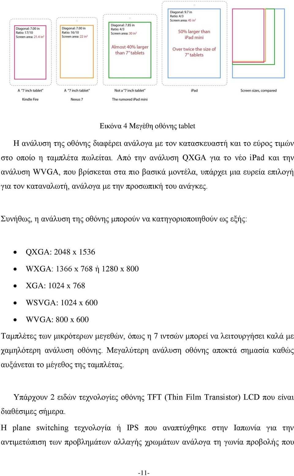 Συνήθως, η ανάλυση της οθόνης μπορούν να κατηγοριοποιηθούν ως εξής: QXGA: 2048 x 1536 WXGA: 1366 x 768 ή 1280 x 800 XGA: 1024 x 768 WSVGA: 1024 x 600 WVGA: 800 x 600 Ταμπλέτες των μικρότερων μεγεθών,