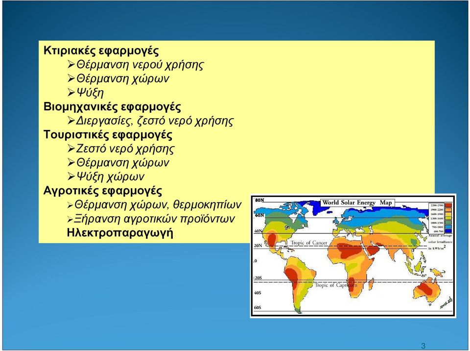 εφαρµογές Ζεστό νερό χρήσης Θέρµανση χώρων Ψύξη χώρων Αγροτικές