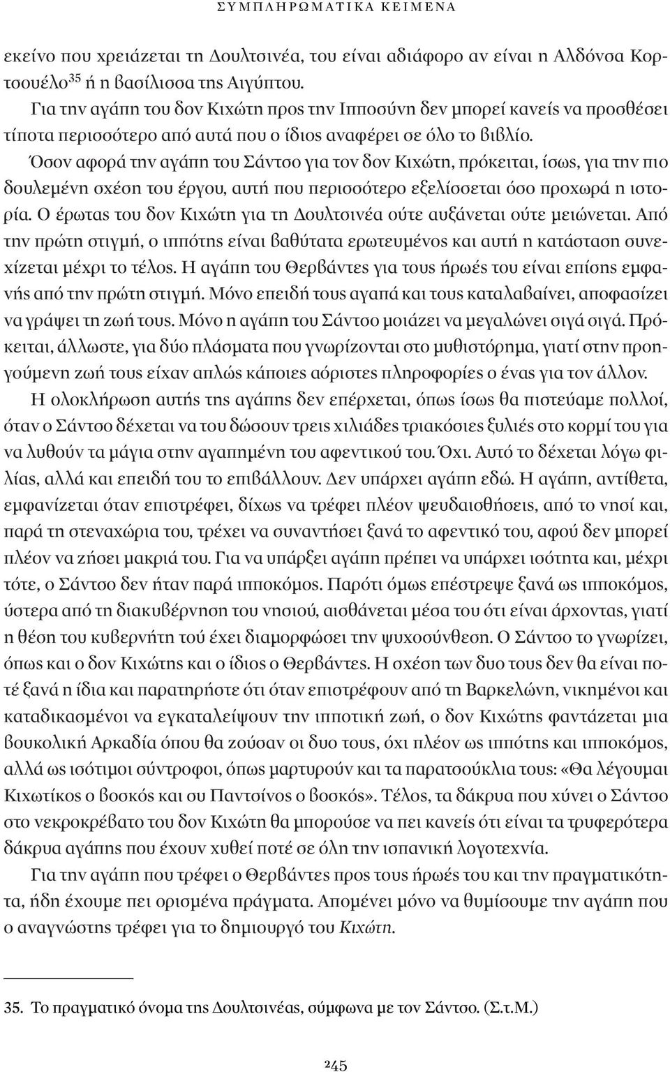 Όσον αφορά την αγάπη του Σάντσο για τον δον Κιχώτη, πρόκειται, ίσως, για την πιο δουλεμένη σχέση του έργου, αυτή που περισσότερο εξελίσσεται όσο προχωρά η ιστορία.