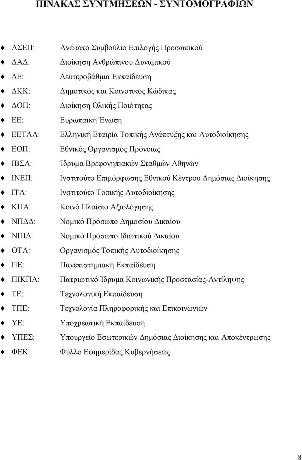 Ίδρυµα Βρεφονηπιακών Σταθµών Αθηνών Ινστιτούτο Επιµόρφωσης Εθνικού Κέντρου ηµόσιας ιοίκησης Ινστιτούτο Τοπικής Αυτοδιοίκησης Κοινό Πλαίσιο Αξιολόγησης Νοµικό Πρόσωπο ηµοσίου ικαίου Νοµικό Πρόσωπο