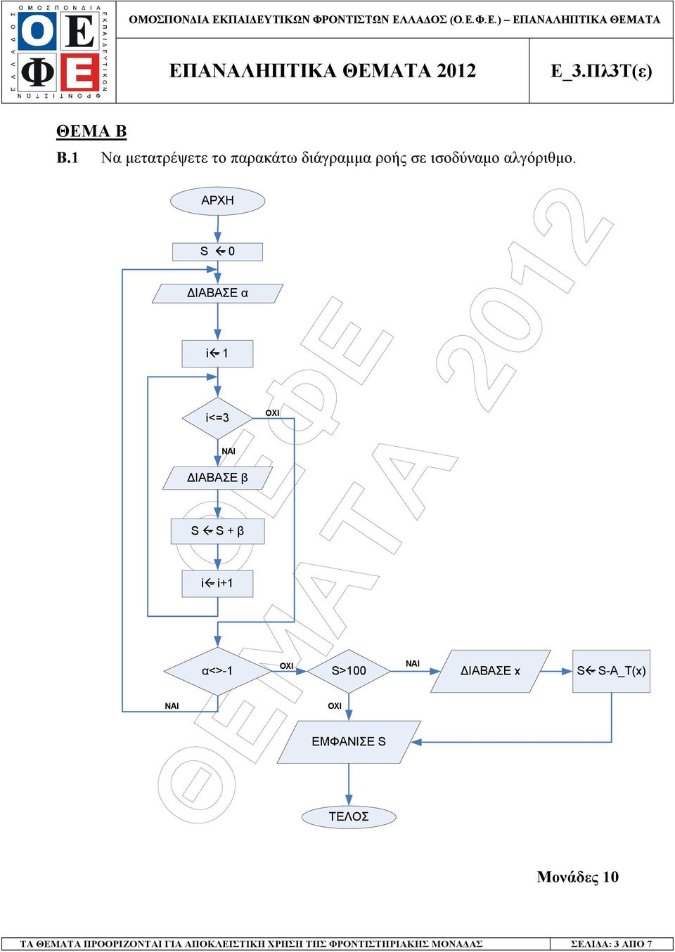 α<>-1 S>100 ΙΑΒΑΣΕ x S - S-Α_Τ(x) ΟΧΙ ΕΜΦΑΝΙΣΕ S ΤΕΛΟΣ ΝΑΙ Μονάδες 10 ΤΑ