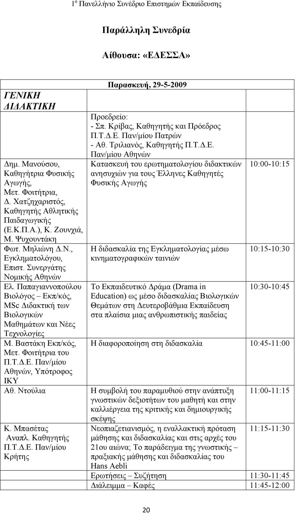 Φοιτήτρια του Π.Τ.Δ.Ε. Παν/μίου, Υπότροφος ΙΚΥ Αθ. Ντούλια Κ. Μπασέτας Αναπλ. Καθηγητής Π.Τ.Δ.Ε. Παν/μίου Κρήτης Παρασκευή, 29-5-2009 - Σπ. Κρίβας, Καθηγητής και Πρόεδρος Π.Τ.Δ.Ε. Παν/μίου Πατρών - Αθ.