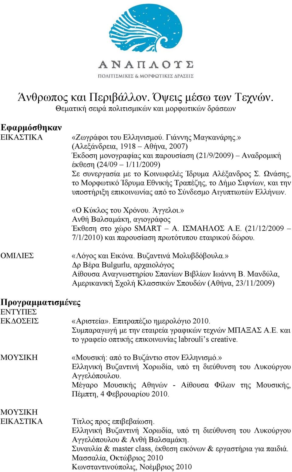 Ωνάσης, το Μορφωτικό Ίδρυμα Εθνικής Τραπέζης, το Δήμο Σιφνίων, και την υποστήριξη επικοινωνίας από το Σύνδεσμο Αιγυπτιωτών Ελλήνων. «Ο Κύκλος του Χρόνου. Άγγελοι.