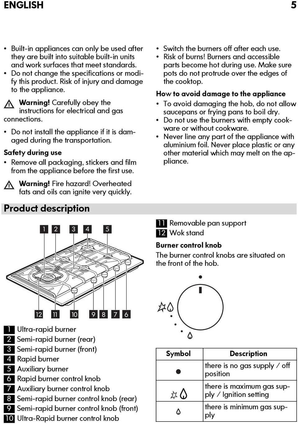 Safety during use Remove all packaging, stickers and film from the appliance before the first use. Warning! Fire hazard! Overheated fats and oils can ignite very quickly.