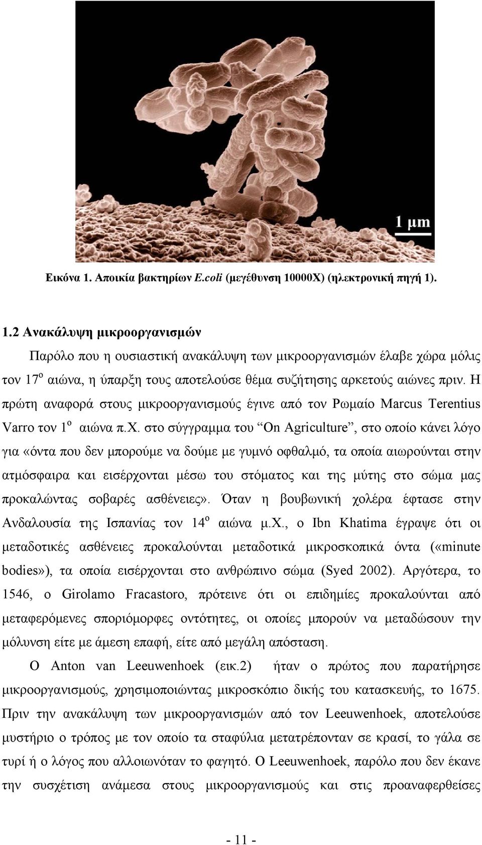 στο σύγγραμμα του On Agriculture, στο οποίο κάνει λόγο για «όντα που δεν μπορούμε να δούμε με γυμνό οφθαλμό, τα οποία αιωρούνται στην ατμόσφαιρα και εισέρχονται μέσω του στόματος και της μύτης στο