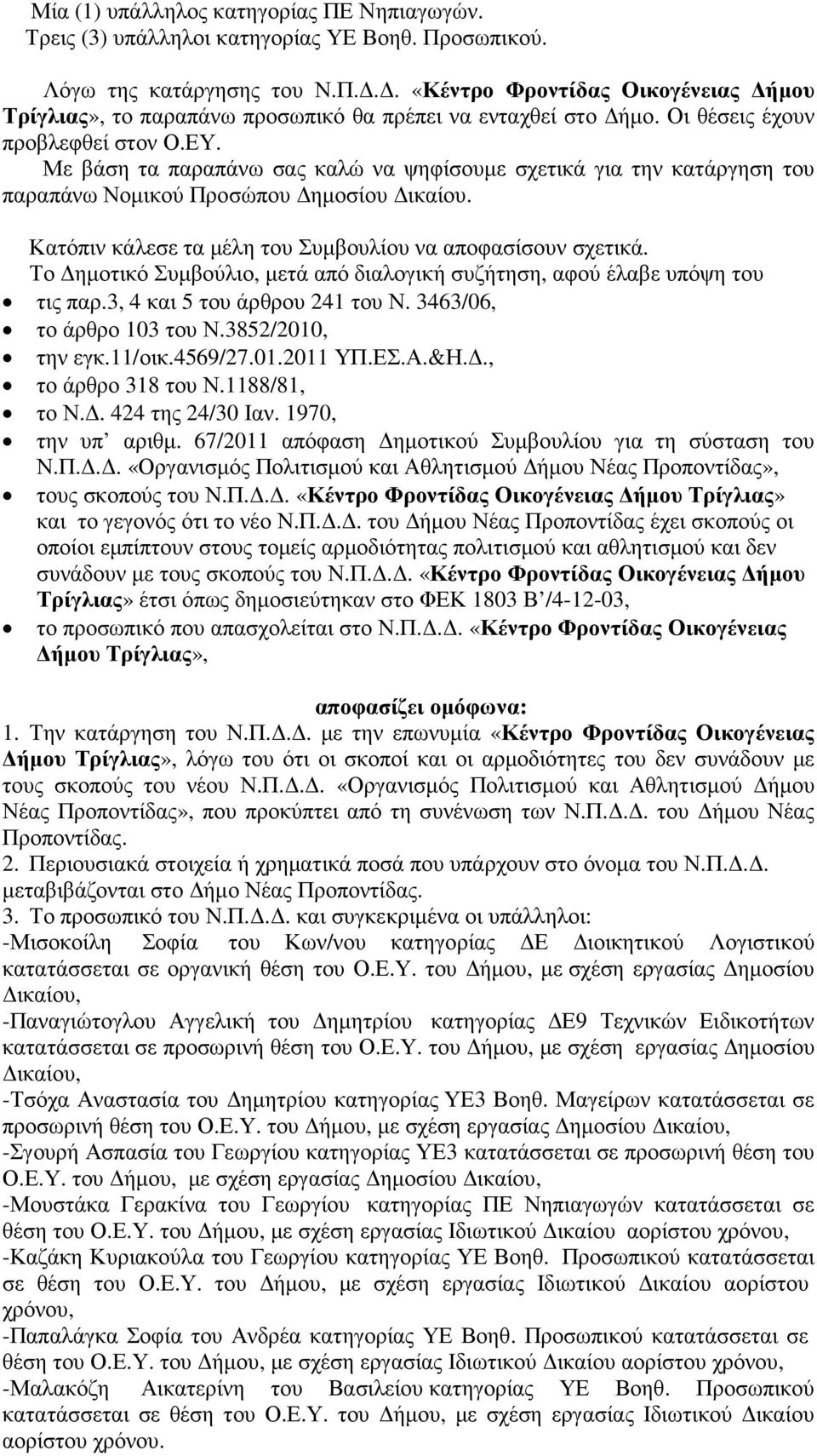 Κατόπιν κάλεσε τα µέλη του Συµβουλίου να αποφασίσουν σχετικά. Το ηµοτικό Συµβούλιο, µετά από διαλογική συζήτηση, αφού έλαβε υπόψη του τις παρ.3, 4 και 5 του άρθρου 241 του Ν.