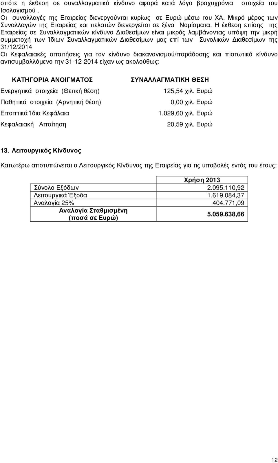 Η έκθεση επίσης της Εταιρείας σε Συναλλαγµατικών κίνδυνο ιαθεσίµων είναι µικρός λαµβάνοντας υπόψη την µικρή συµµετοχή των Ίδιων Συναλλαγµατικών ιαθεσίµων µας επί των Συνολικών ιαθεσίµων της