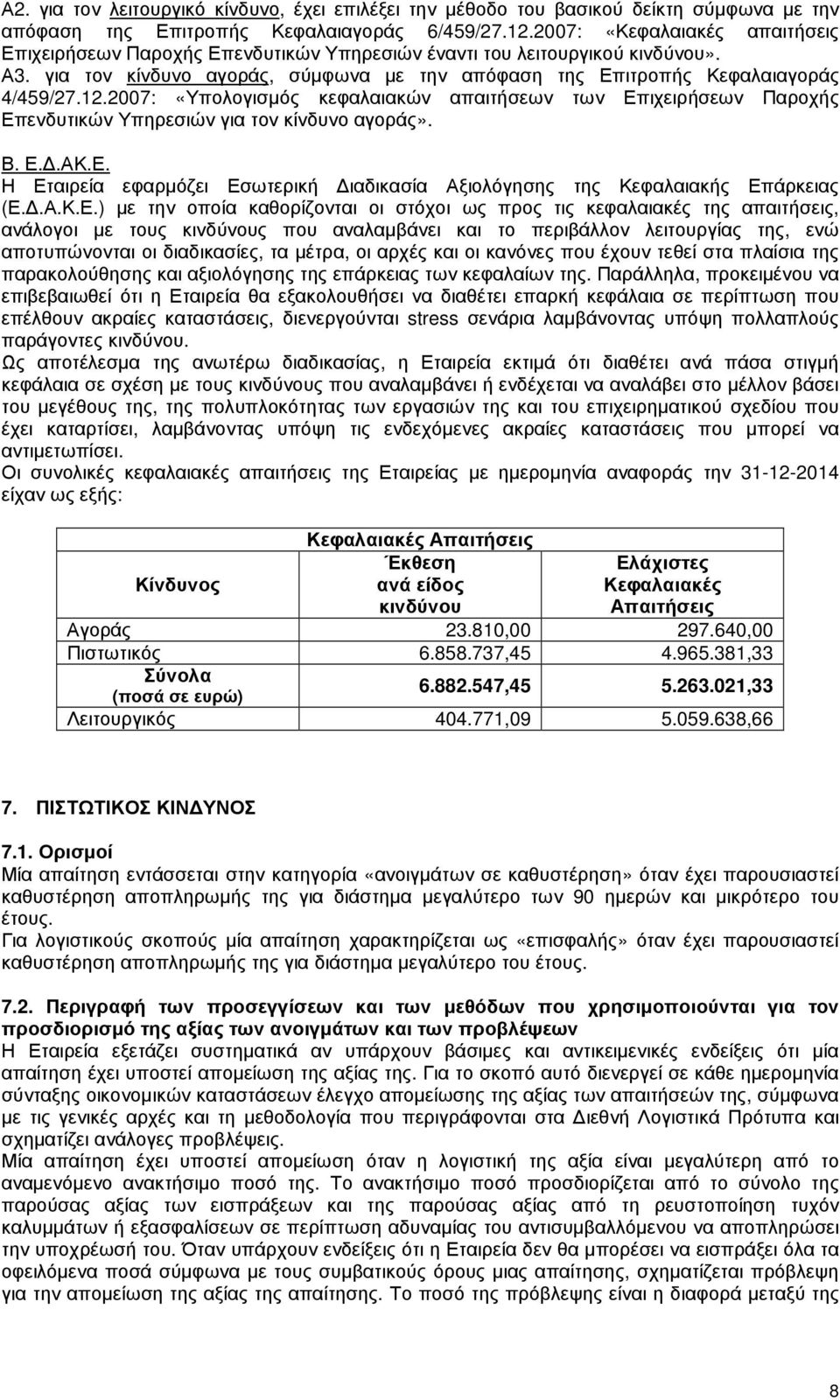 2007: «Υπολογισµός κεφαλαιακών απαιτήσεων των Επιχειρήσεων Παροχής Επενδυτικών Υπηρεσιών για τον κίνδυνο αγοράς». Β. Ε..ΑΚ.Ε. Η Εταιρεία εφαρµόζει Εσωτερική ιαδικασία Αξιολόγησης της Κεφαλαιακής Επάρκειας (Ε.