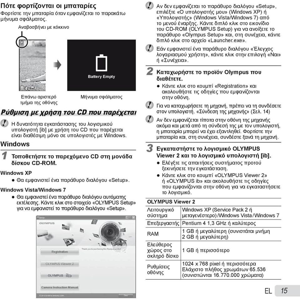 CD που παρέχεται είναι διαθέσιμη μόνο σε υπολογιστές με Windows. Windows 1 Τοποθετήστε το παρεχόμενο CD στη μονάδα δίσκου CD-ROM. Windows XP Θα εμφανιστεί ένα παράθυρο διαλόγου «Setup».