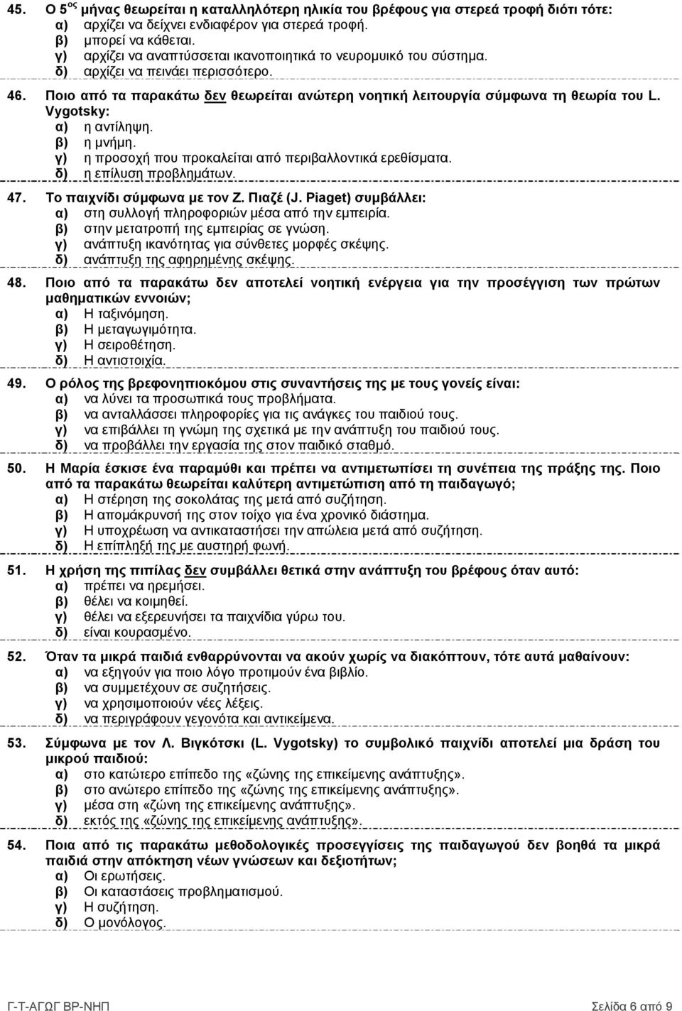 Vygotsky: α) η αντίληψη. η μνήμη. γ) η προσοχή που προκαλείται από περιβαλλοντικά ερεθίσματα. δ) η επίλυση προβλημάτων. 47. Το παιχνίδι σύμφωνα με τον Ζ. Πιαζέ (J.