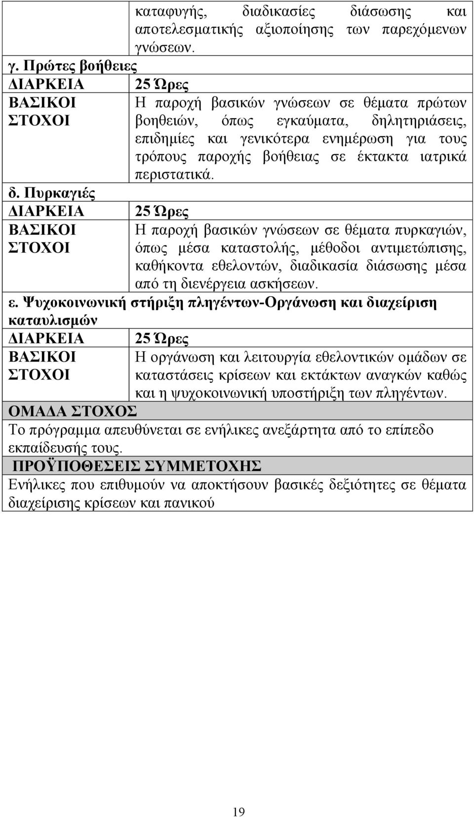 Πρώτες βοήθειες ΔΙΑΡΚΕΙΑ ΒΑΣΙΚΟΙ ΣΤΟΧΟΙ 25 Ώρες Η παροχή βασικών γνώσεων σε θέματα πρώτων βοηθειών, όπως εγκαύματα, δηλητηριάσεις, επιδημίες και γενικότερα ενημέρωση για τους τρόπους παροχής βοήθειας