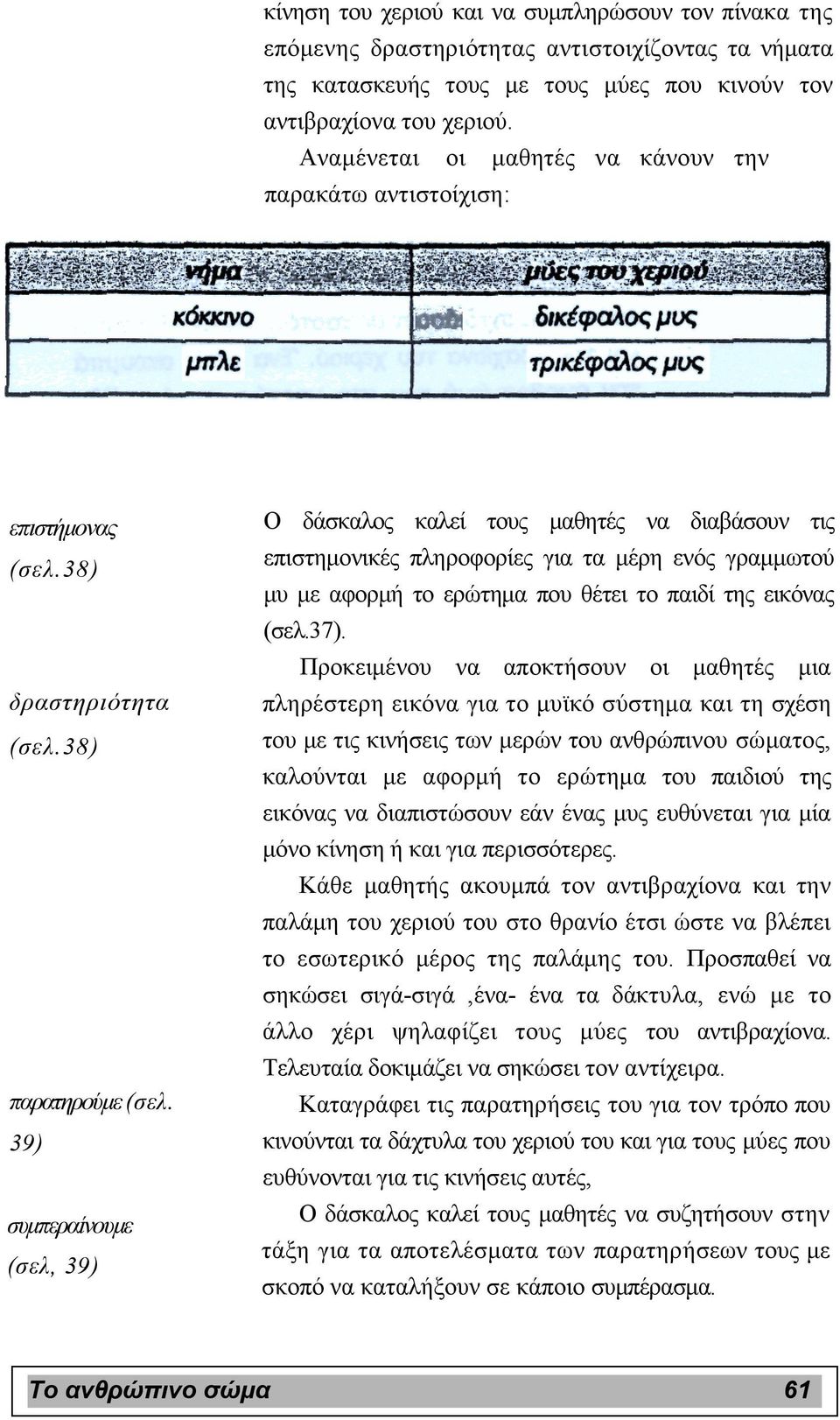 39) συµπεραίνουµε (σελ, 39) Ο δάσκαλος καλεί τους µαθητές να διαβάσουν τις επιστηµονικές πληροφορίες για τα µέρη ενός γραµµωτού µυ µε αφορµή το ερώτηµα που θέτει το παιδί της εικόνας (σελ.37).