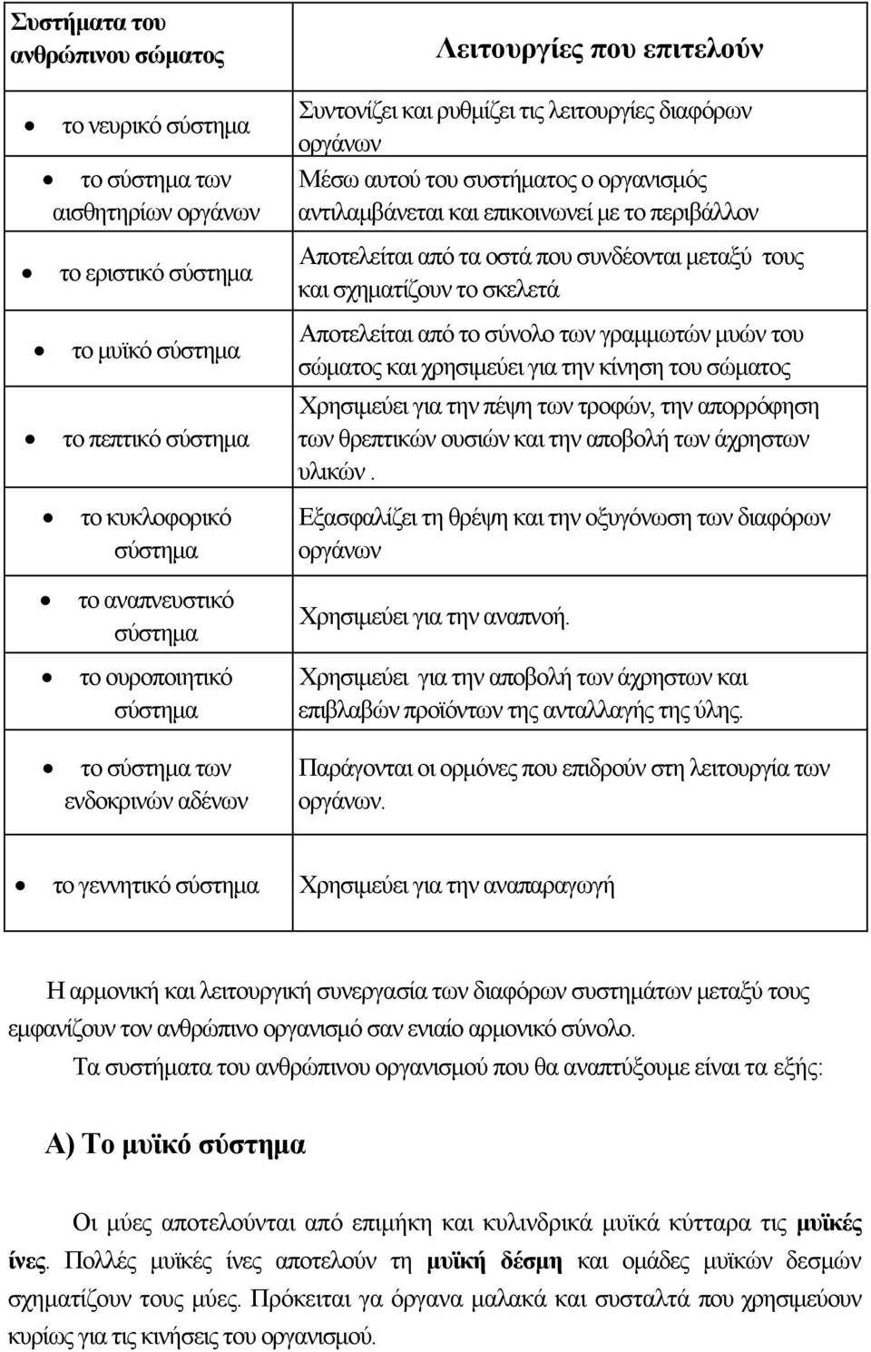 τους και σχηµατίζουν το σκελετά Αποτελείται από το σύνολο των γραµµωτών µυών του σώµατος και χρησιµεύει για την κίνηση του σώµατος Χρησιµεύει για την πέψη των τροφών, την απορρόφηση των θρεπτικών