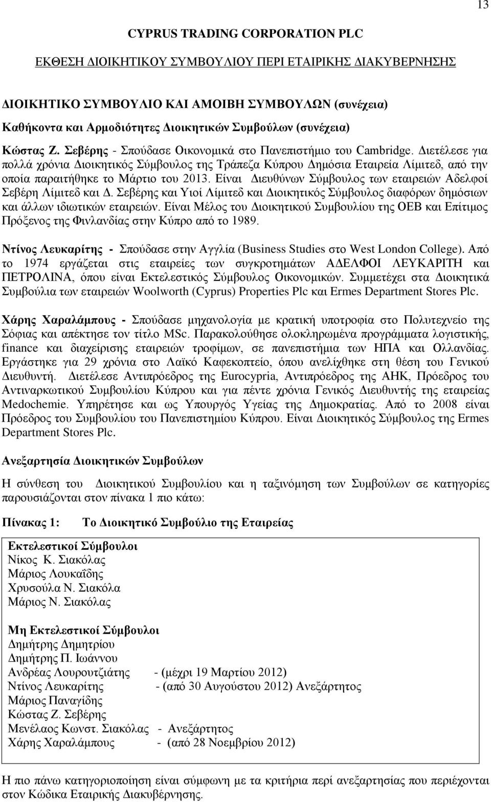 Διετέλεσε για πολλά χρόνια Διοικητικός Σύμβουλος της Τράπεζα Κύπρου Δημόσια Εταιρεία Λίμιτεδ, από την οποία παραιτήθηκε το Μάρτιο του 2013.