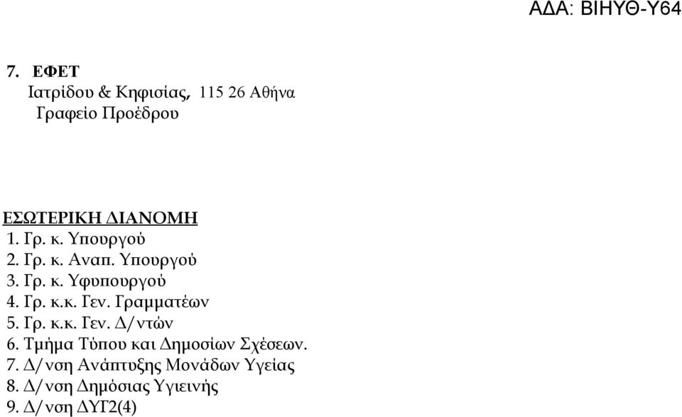 Γραμματέων 5. Γρ. κ.κ. Γεν. Δ/ντών 6. Τμήμα Τύπου και Δημοσίων Σχέσεων. 7.