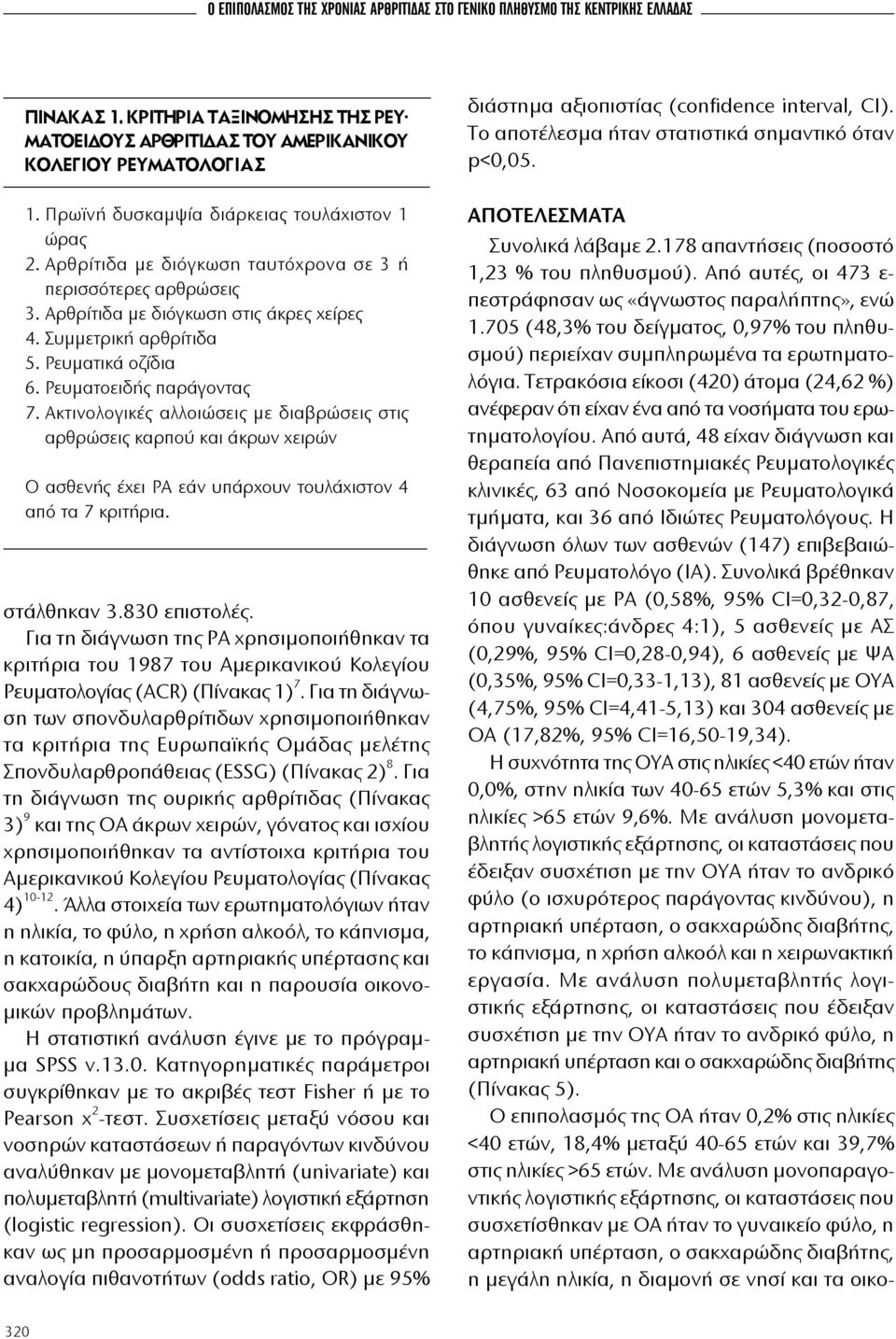 Ρευματικά οζίδια 6. Ρευματοειδής παράγοντας 7. Ακτινολογικές αλλοιώσεις με διαβρώσεις στις αρθρώσεις καρπού και άκρων χειρών Ο ασθενής έχει ΡΑ εάν υπάρχουν τουλάχιστον 4 από τα 7 κριτήρια.