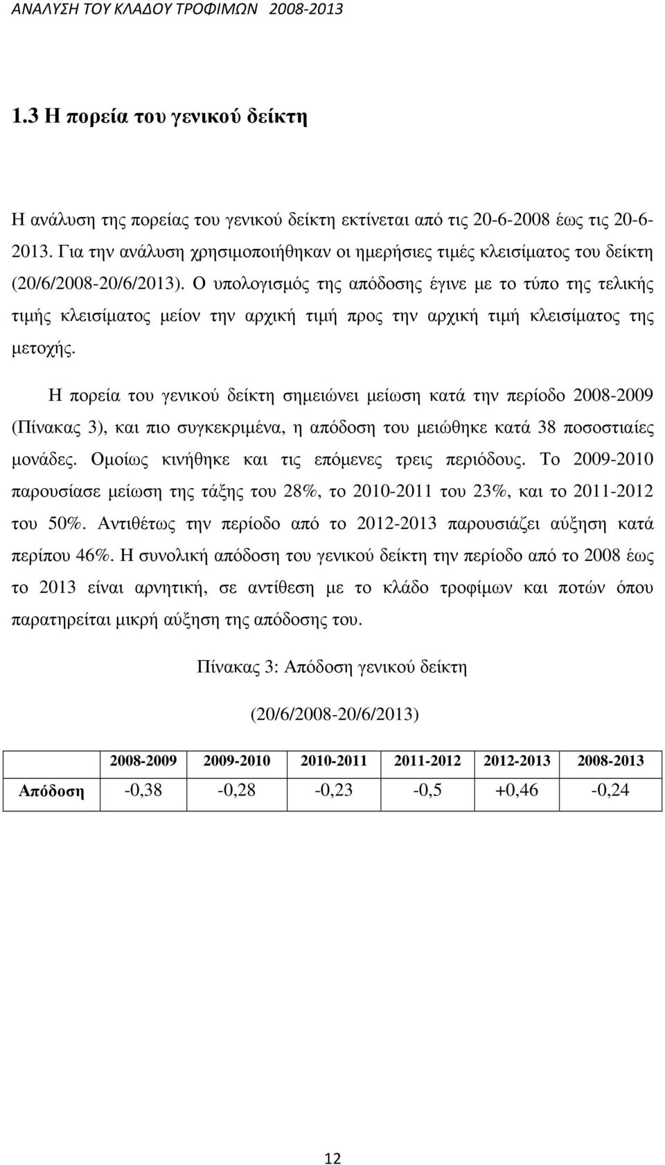 Ο υπολογισµός της απόδοσης έγινε µε το τύπο της τελικής τιµής κλεισίµατος µείον την αρχική τιµή προς την αρχική τιµή κλεισίµατος της µετοχής.