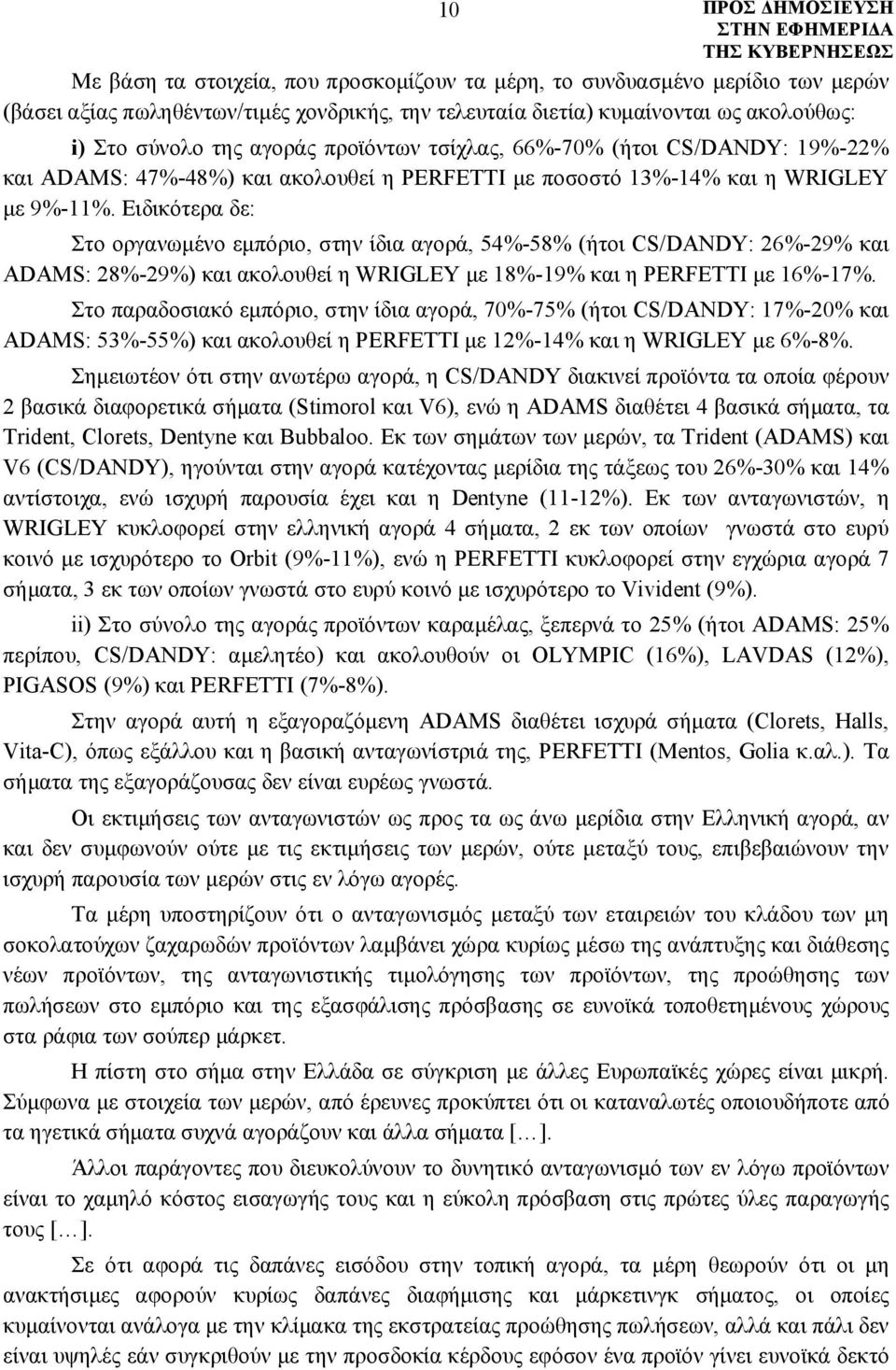 Ειδικότερα δε: Στο οργανωμένο εμπόριο, στην ίδια αγορά, 54%-58% (ήτοι CS/DANDY: 26%-29% και ADAMS: 28%-29%) και ακολουθεί η WRIGLEY με 18%-19% και η PERFETTI με 16%-17%.