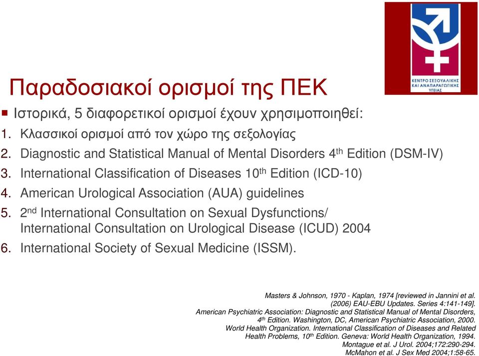 2 nd International Consultation on Sexual Dysfunctions/ International Consultation on Urological Disease (ICUD) 2004 6. International Society of Sexual Medicine (ISSM).
